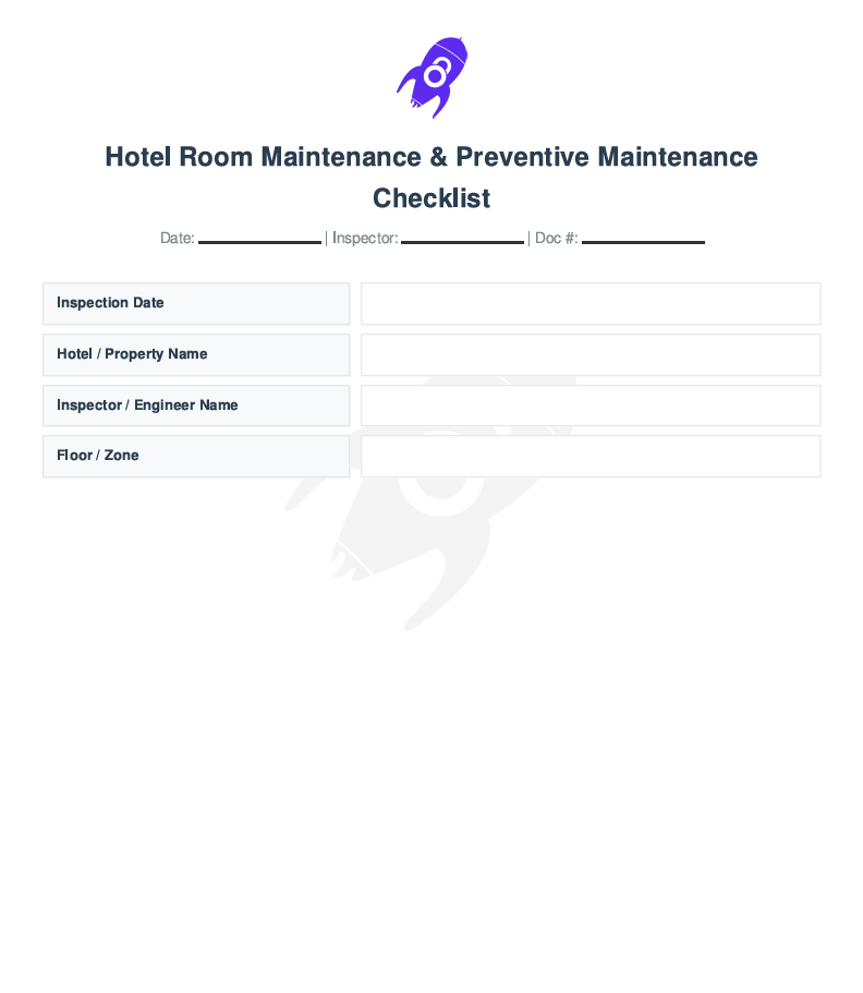 Title page of Hotel Room Maintenance & Preventive Maintenance Checklist showing inspection date, hotel name, floor/zone, and inspector details
