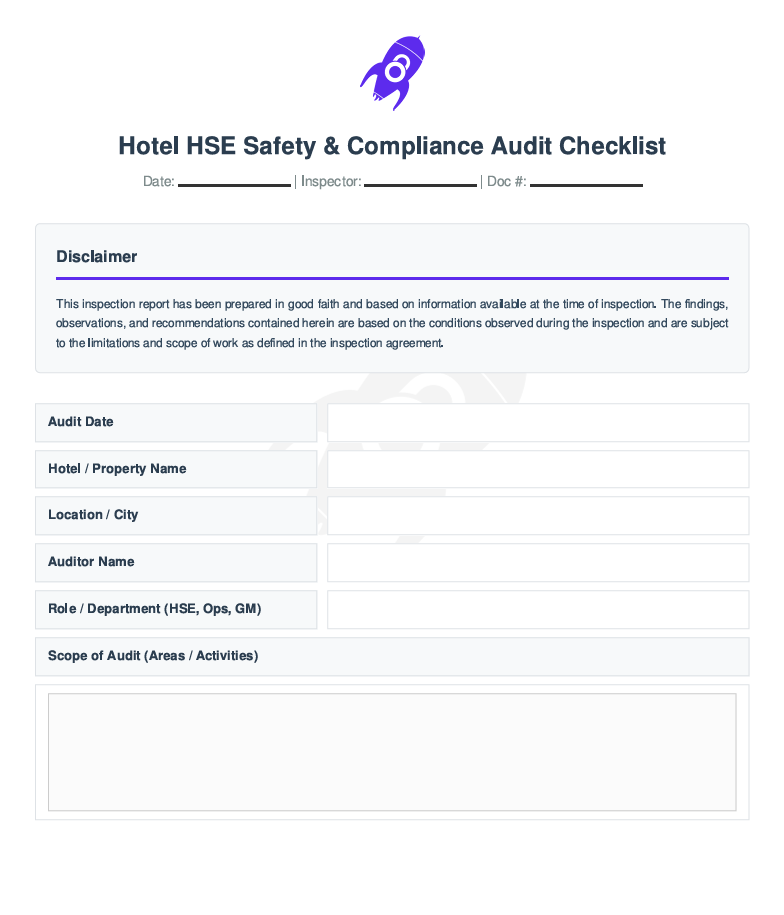 Title page of Hotel HSE Safety & Compliance Audit Checklist showing audit date, hotel name, auditor name, role, and scope of audit