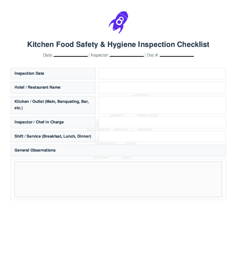 Title page of Kitchen Food Safety & Hygiene Inspection Checklist showing inspection date, kitchen/outlet, hotel/restaurant name, inspector name, and shift