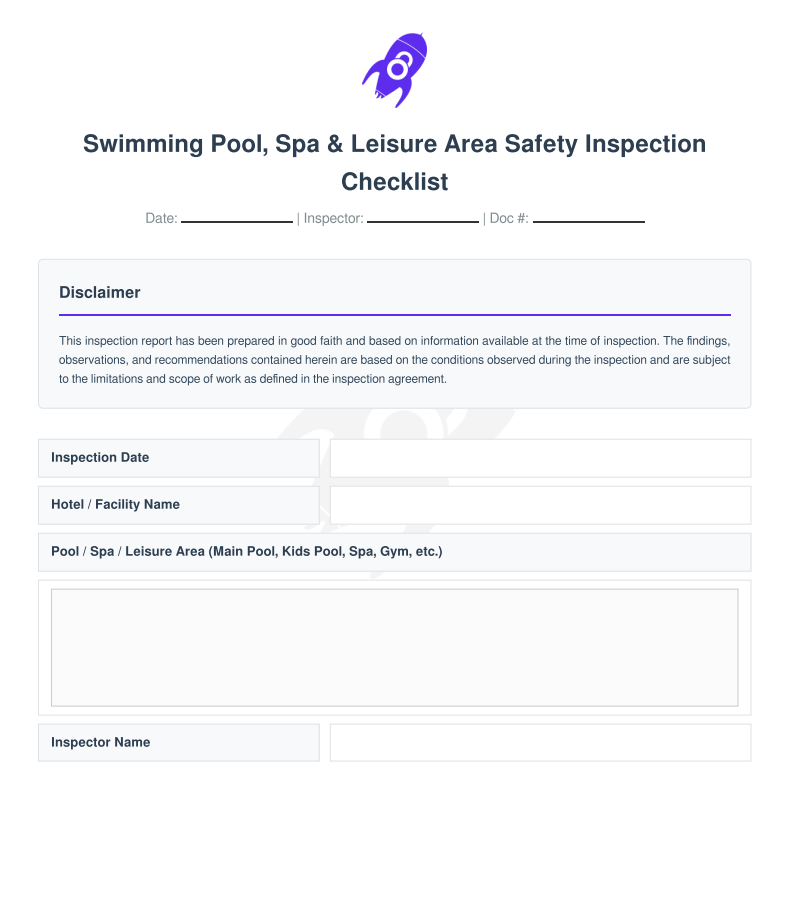 Inspection checklist page for swimming pool, spa, and leisure area showing inspection date, facility name, area description, and inspector name