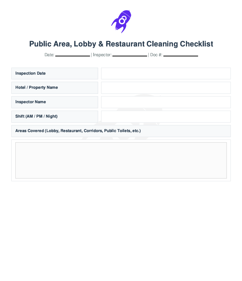 Title page of Public Area, Lobby & Restaurant Cleaning Checklist showing inspection date, hotel/property name, inspector name, shift, and areas covered