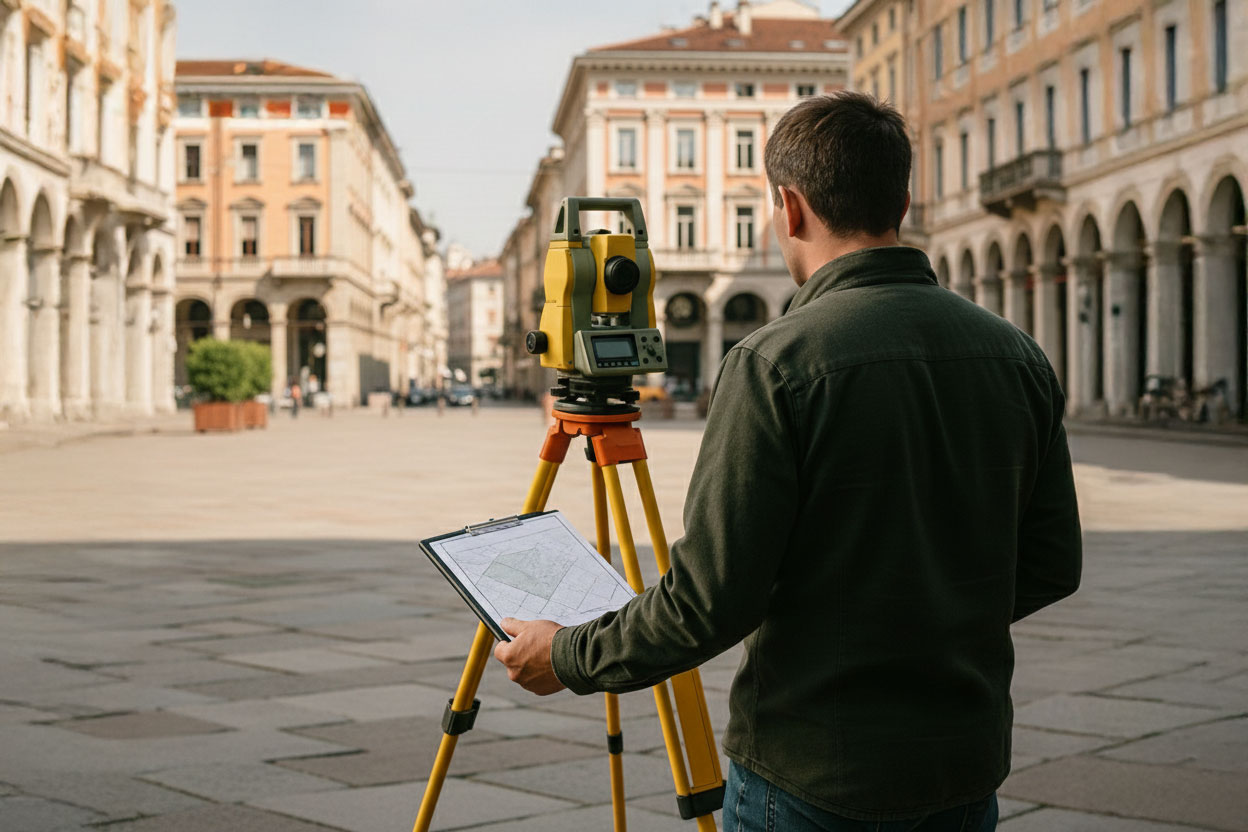 Servizio di topografia in campagna: geometra o topografo che utilizza una stazione totale (teodolite) per un rilievo di precisione di un terreno agricolo con casa colonica.