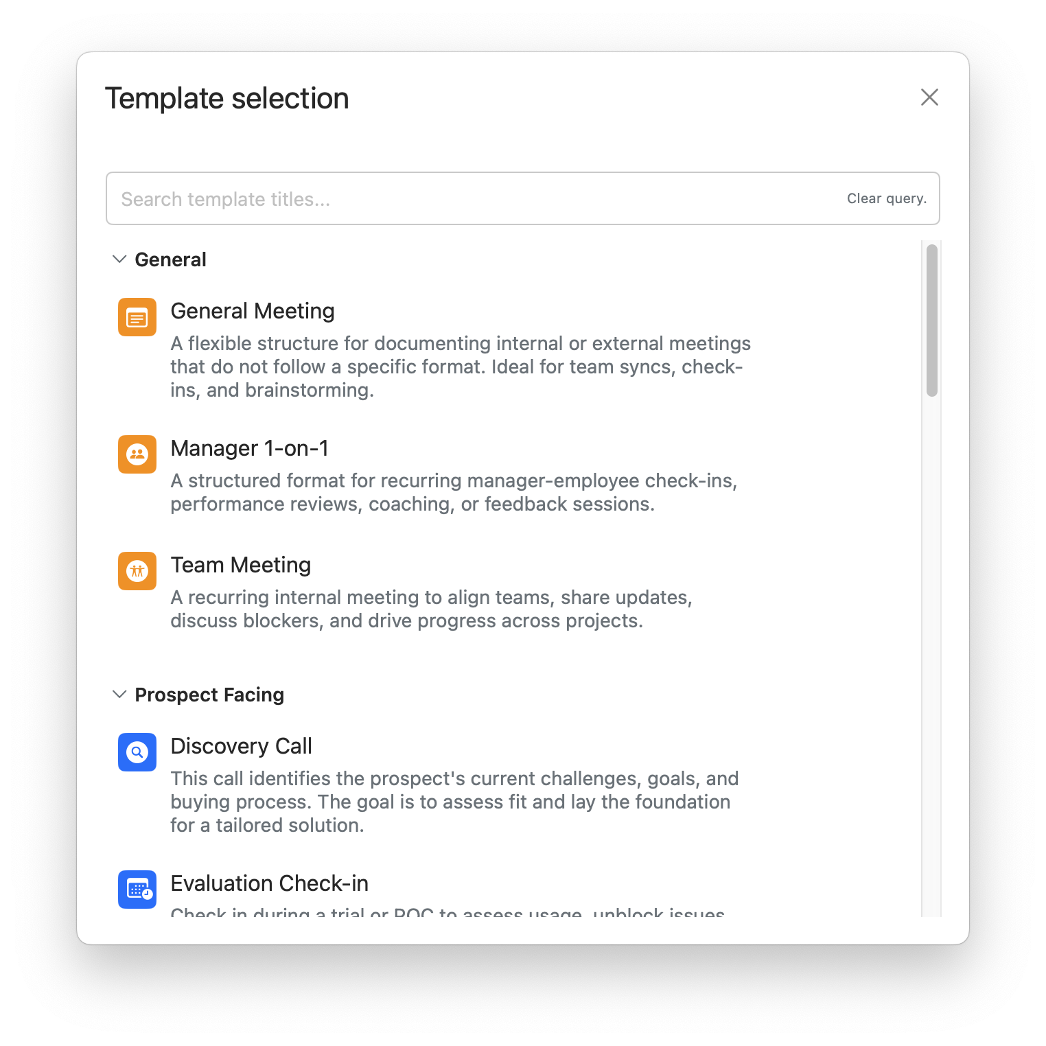 A list of Templates available inside of Presentable. General Meetings, 1:1s, Team Meetings, and Discovery calls.