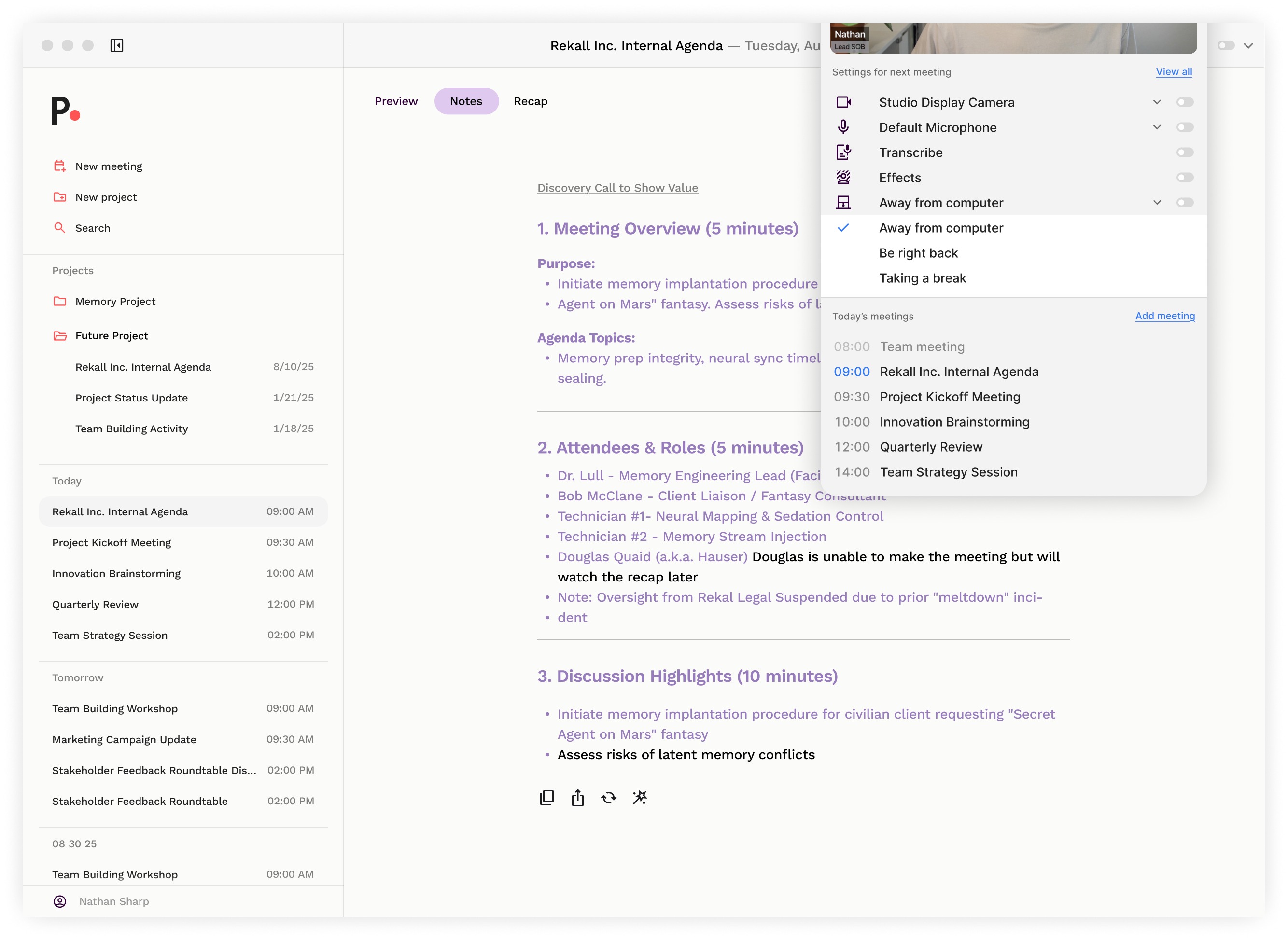 Screenshot of Presentable with notes view and macOS menubar, showcasing live prep and presence tools