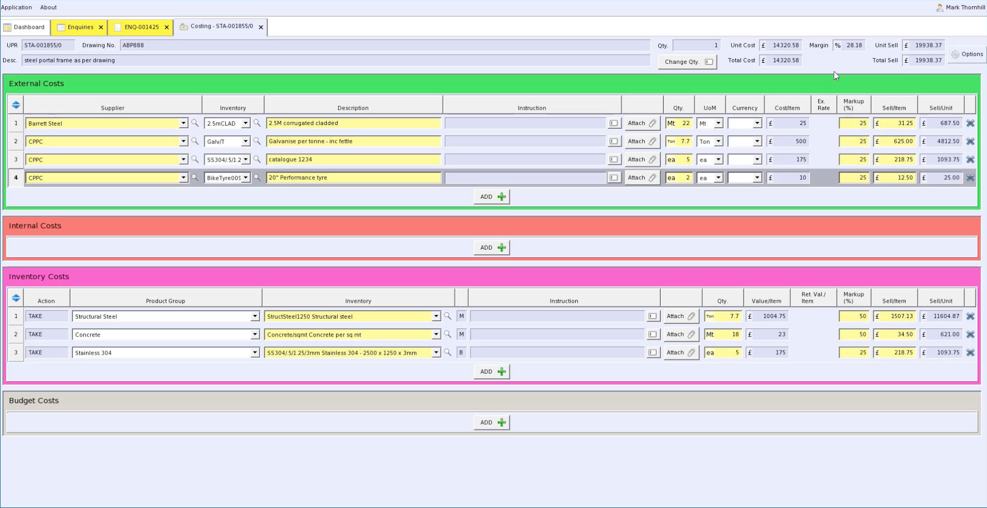 external and inventory costs in bill of materials screen