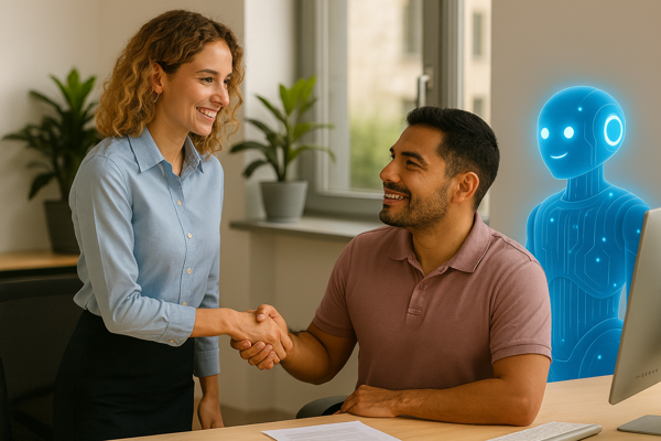 Coworkers shaking hands with robot in background