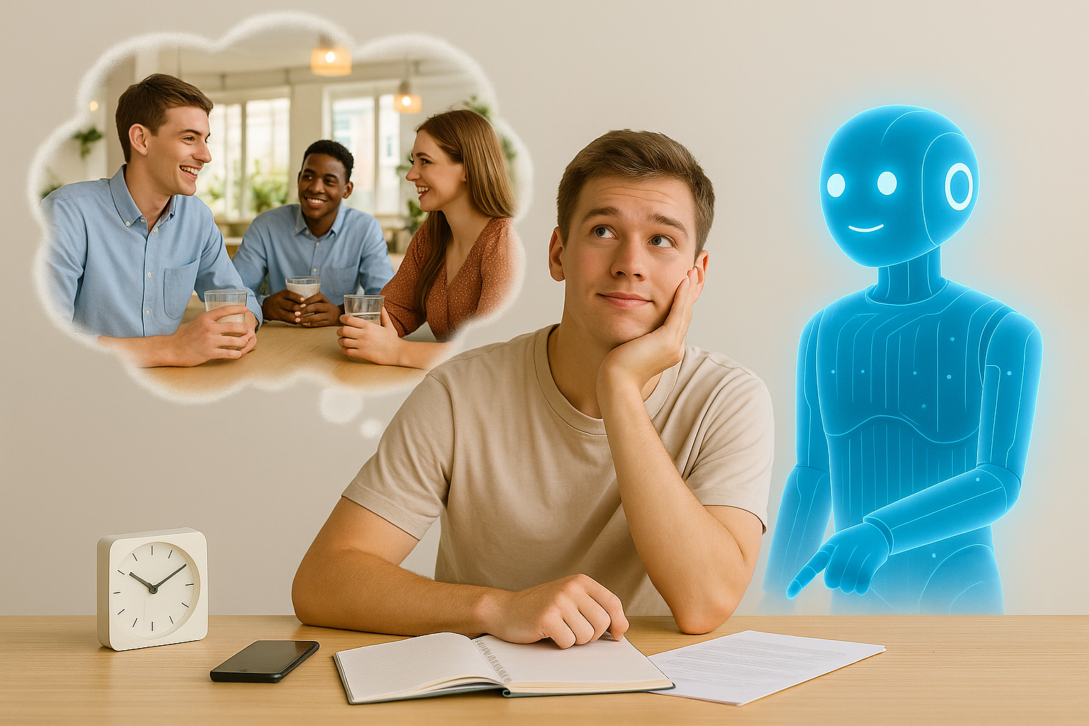 young adult dreaming of being with friends with ai agent helping him