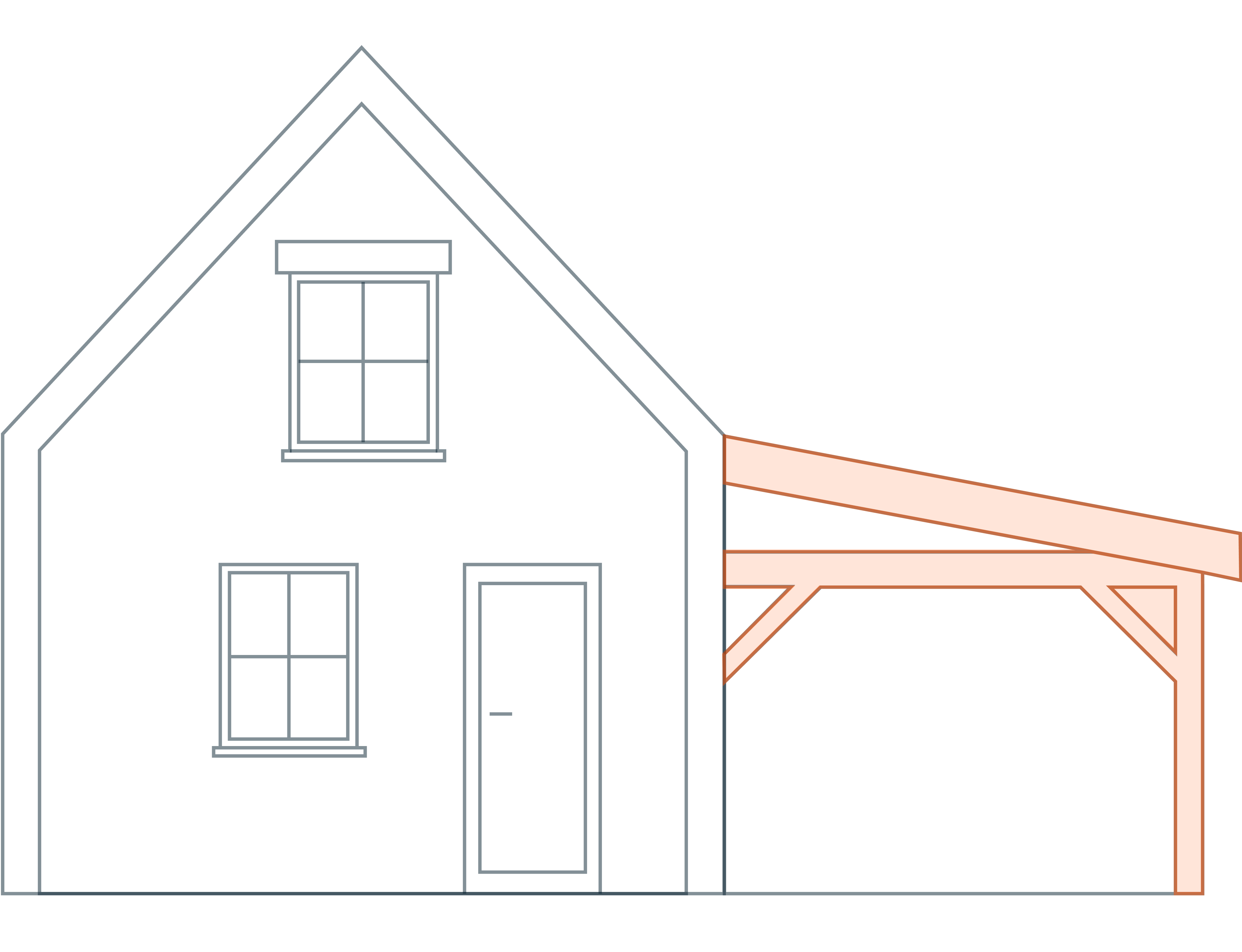 Technische lijntekening van de constructieve opbouw van een woning. De overkapping is uitgelicht met een oranje kleur.