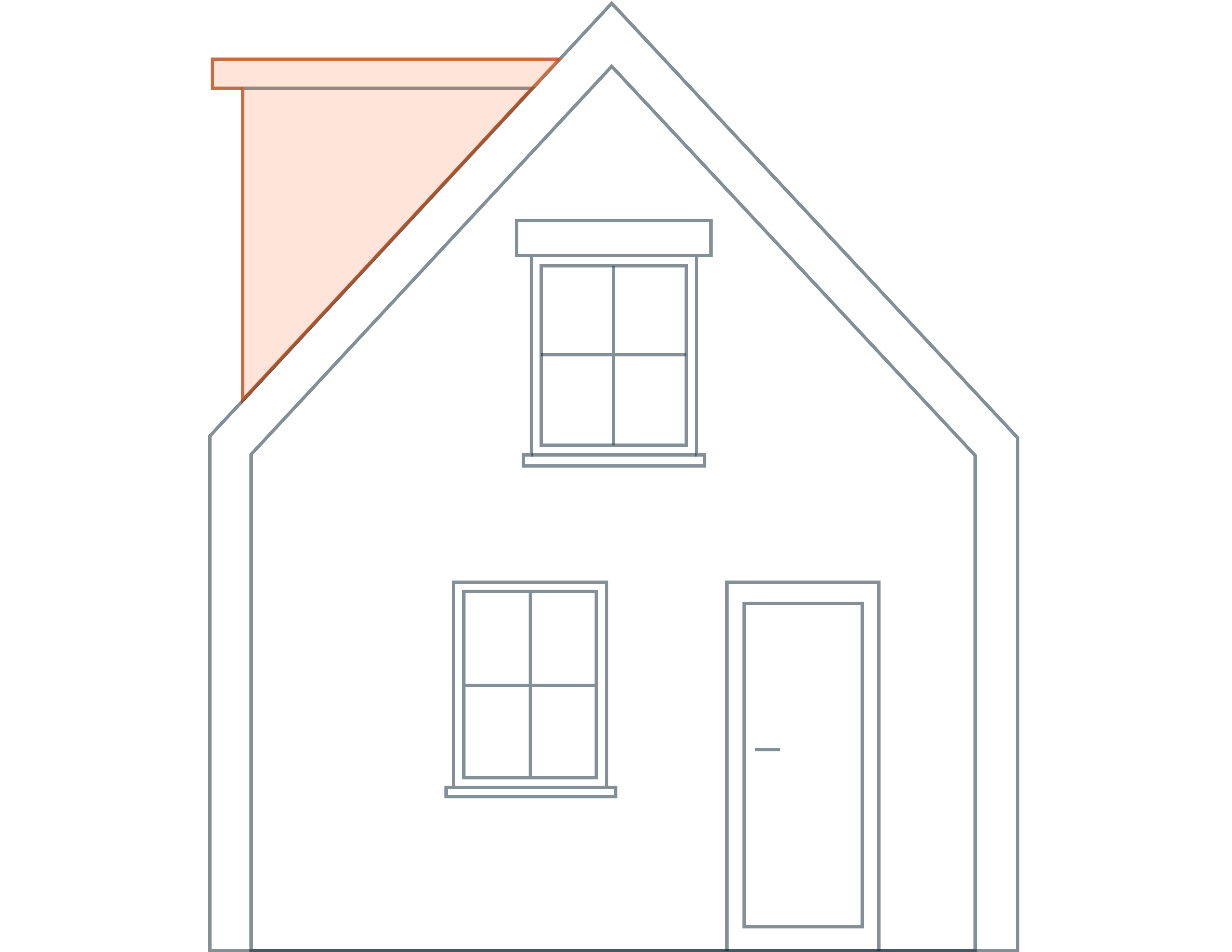 Technische lijntekening van de constructieve opbouw van een woning. De dakkapel is uitgelicht met een oranje kleur.