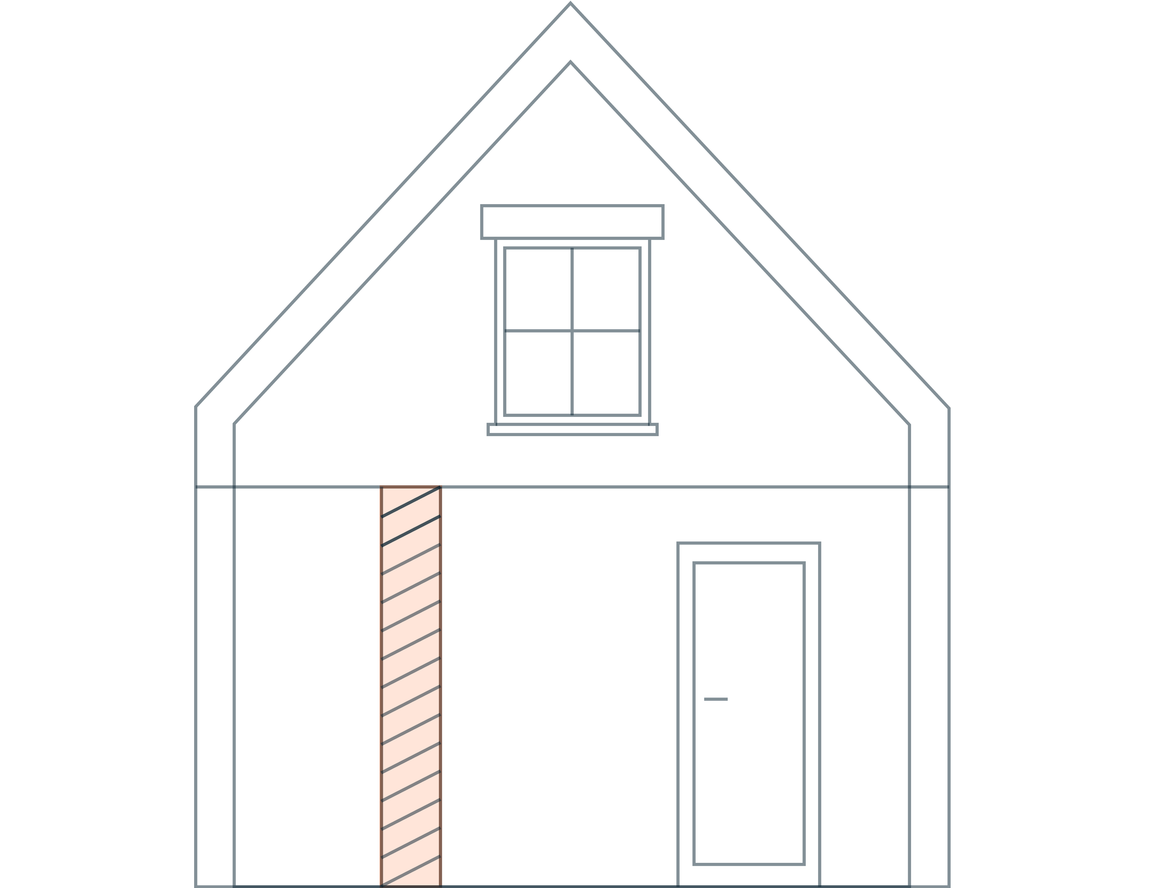 Technische lijntekening van de constructieve opbouw van een woning. De draagmuur is uitgelicht met een oranje kleur.