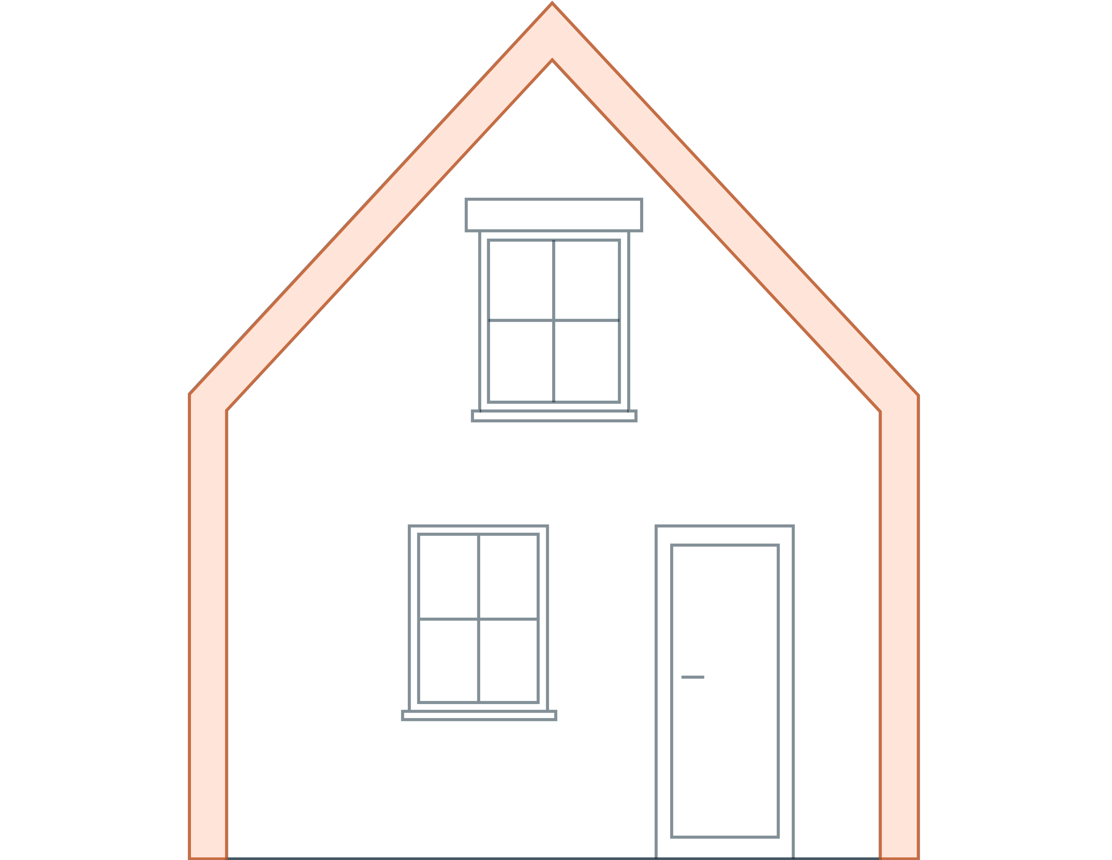 Technische lijntekening van de constructieve opbouw van een woning. De buitenkant is uitgelicht met een oranje kleur.