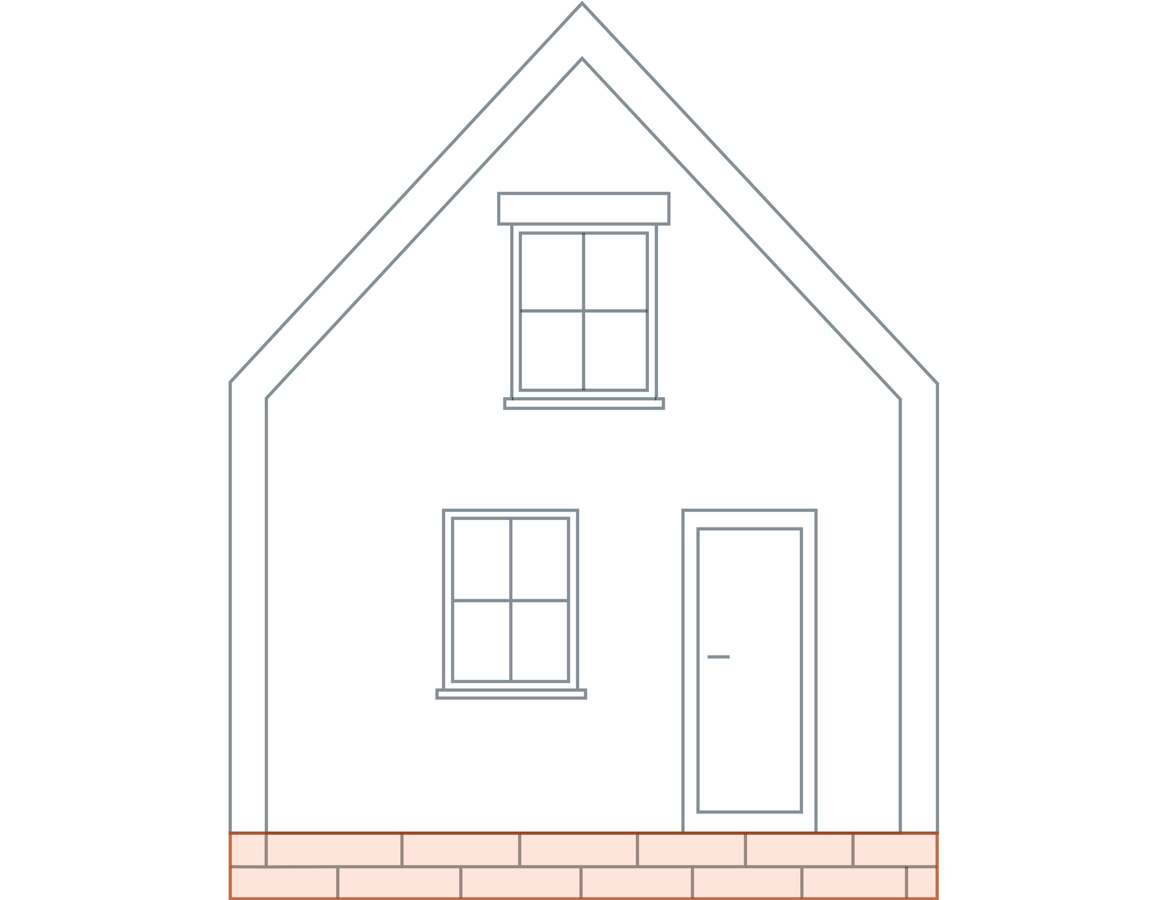 Technische lijntekening van de constructieve opbouw van een woning. De fundering is uitgelicht met een oranje kleur.