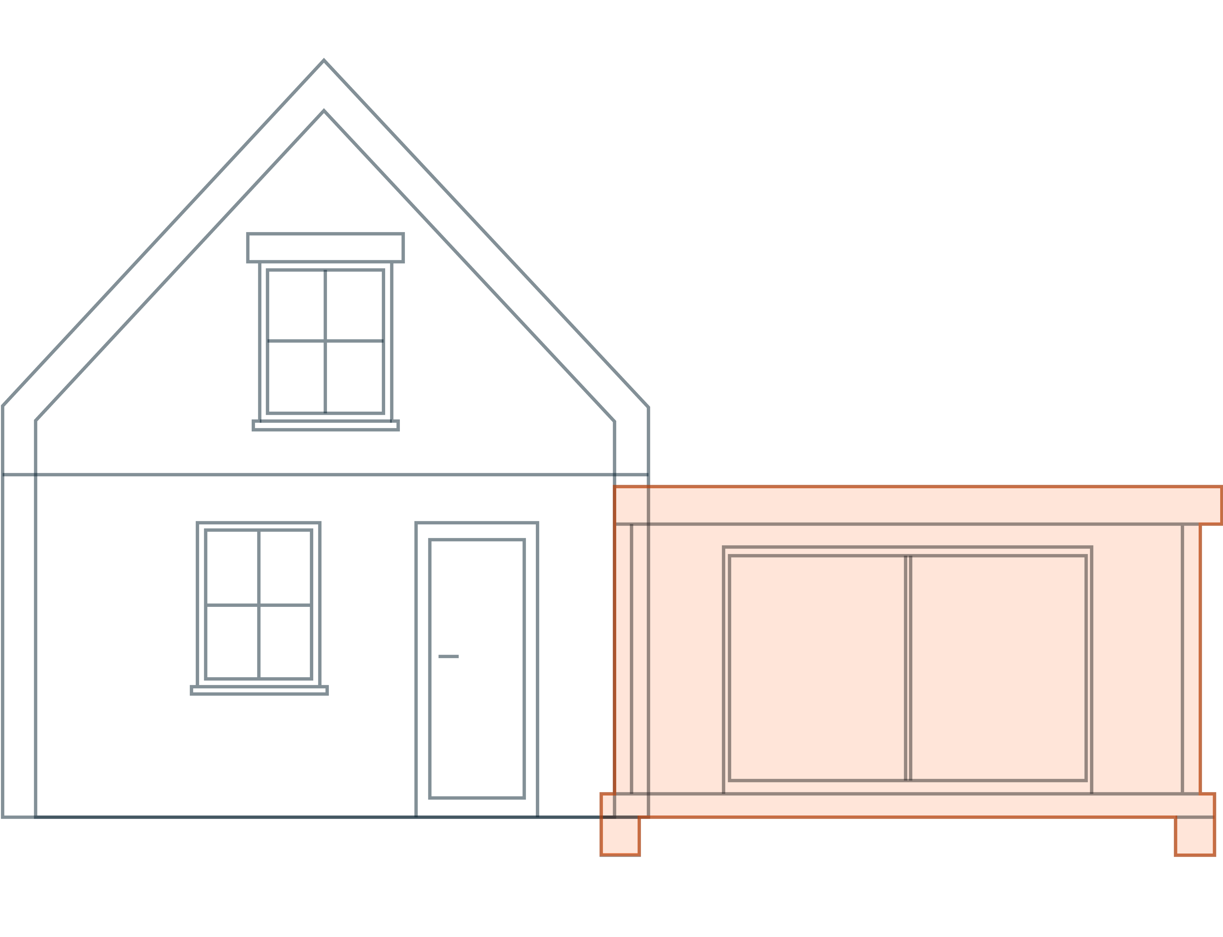 Technische lijntekening van de constructieve opbouw van een woning. De aanbouw is uitgelicht met een oranje kleur.