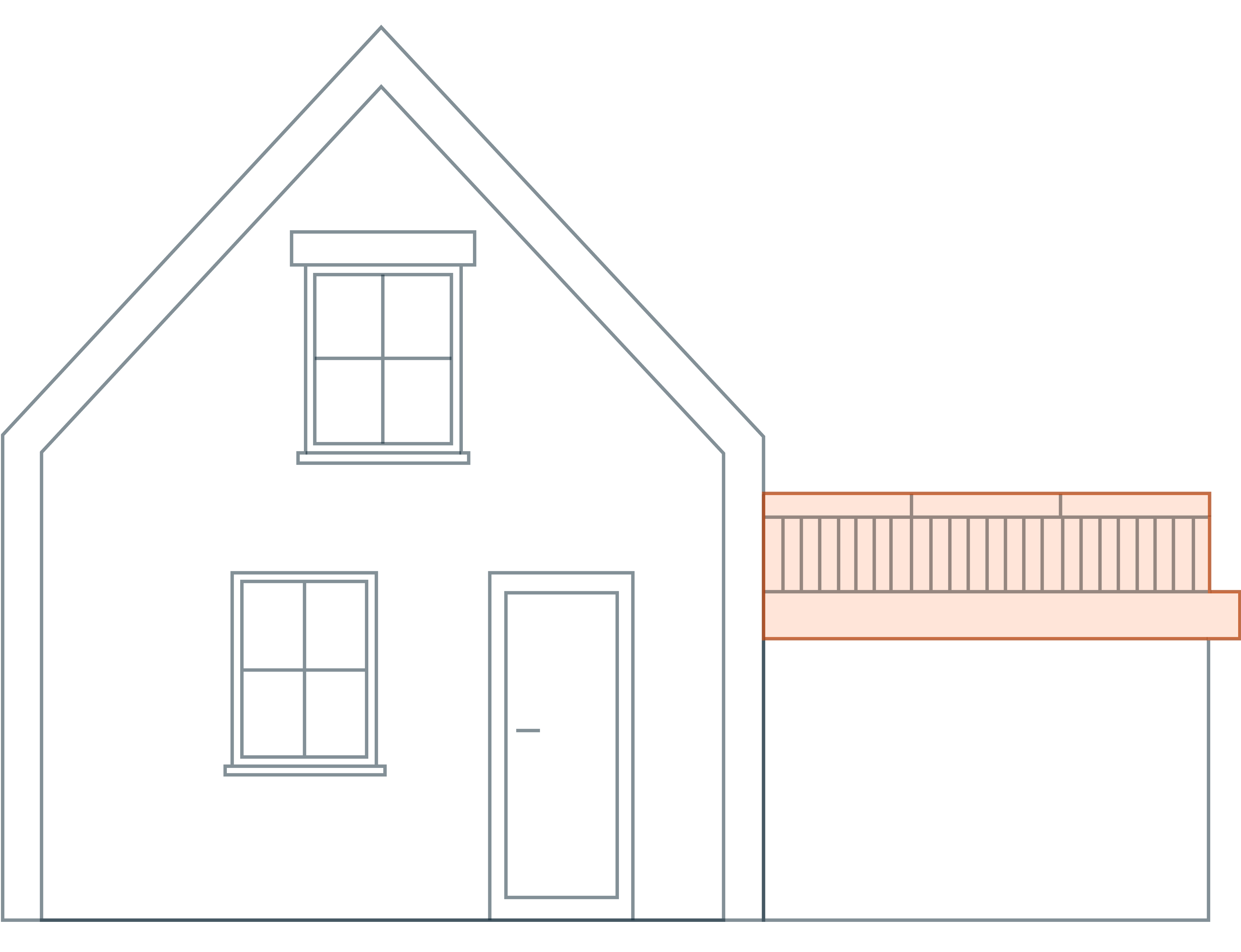 Technische lijntekening van de constructieve opbouw van een woning. Het dakterras is uitgelicht met een oranje kleur.