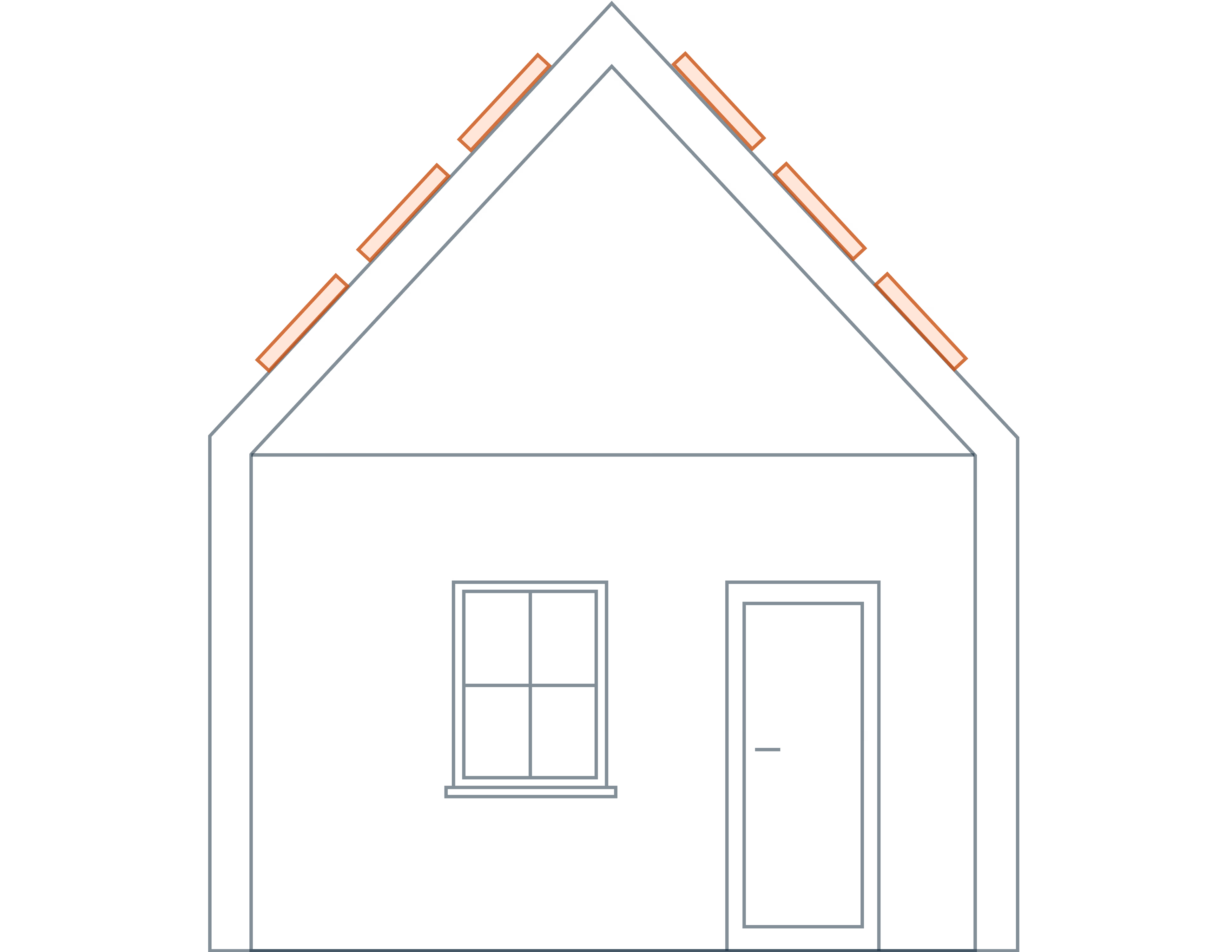 Technische lijntekening van de constructieve opbouw van een woning. De zonnepanelen zijn uitgelicht met een oranje kleur.