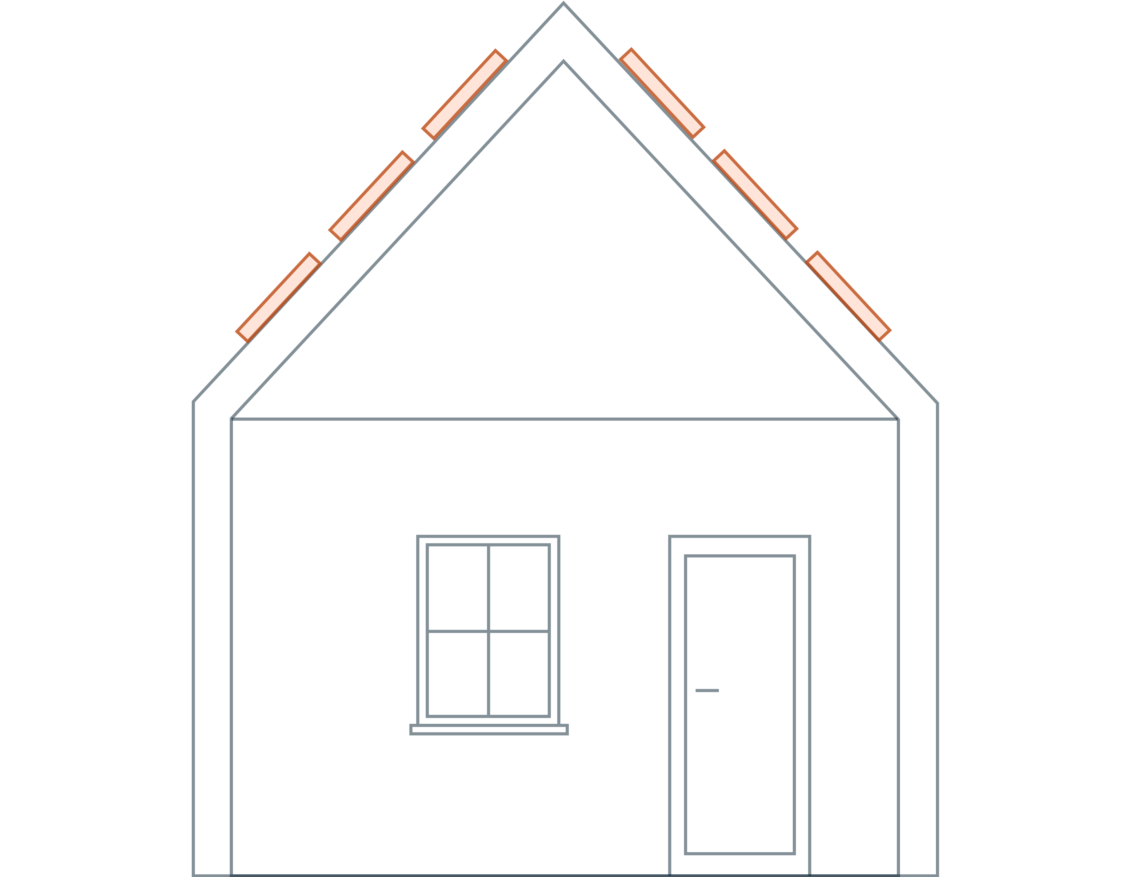 Technische lijntekening van de constructieve opbouw van een woning. De zonnepanelen zijn uitgelicht met een oranje kleur.