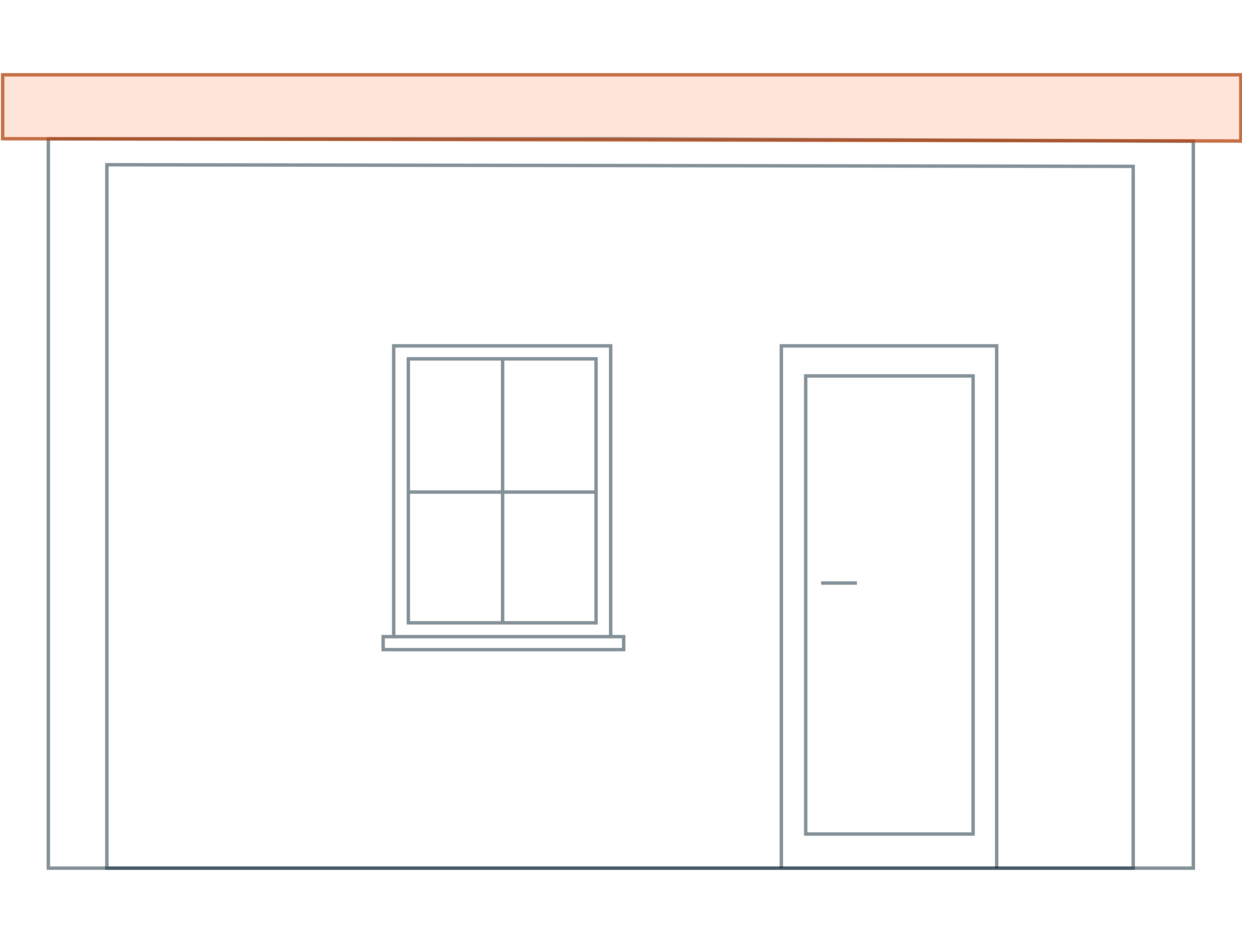 Technische lijntekening van de constructieve opbouw van een woning. Het platte dak is uitgelicht met een oranje kleur.