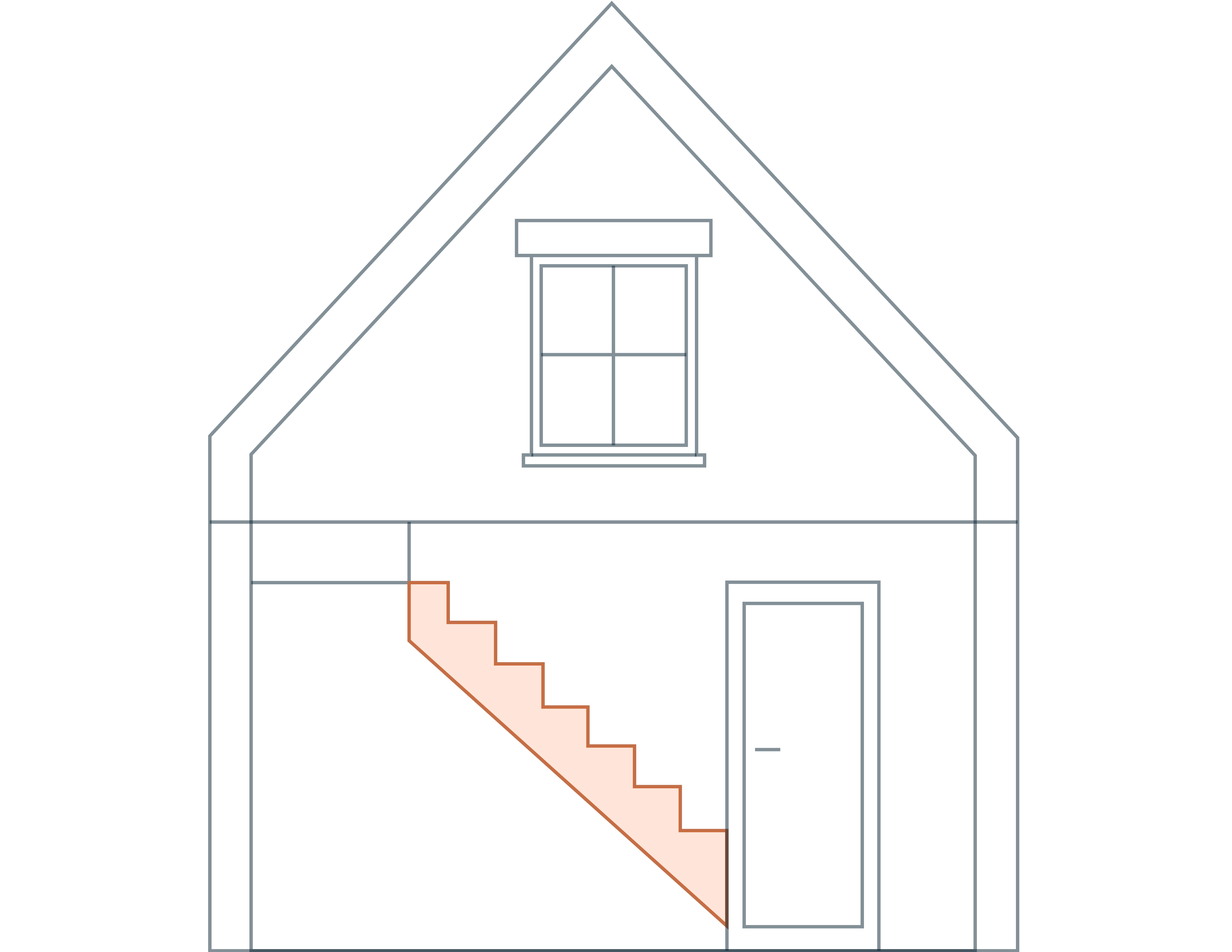 Technische lijntekening van de constructieve opbouw van een woning. Het trapgat is uitgelicht met een oranje kleur.
