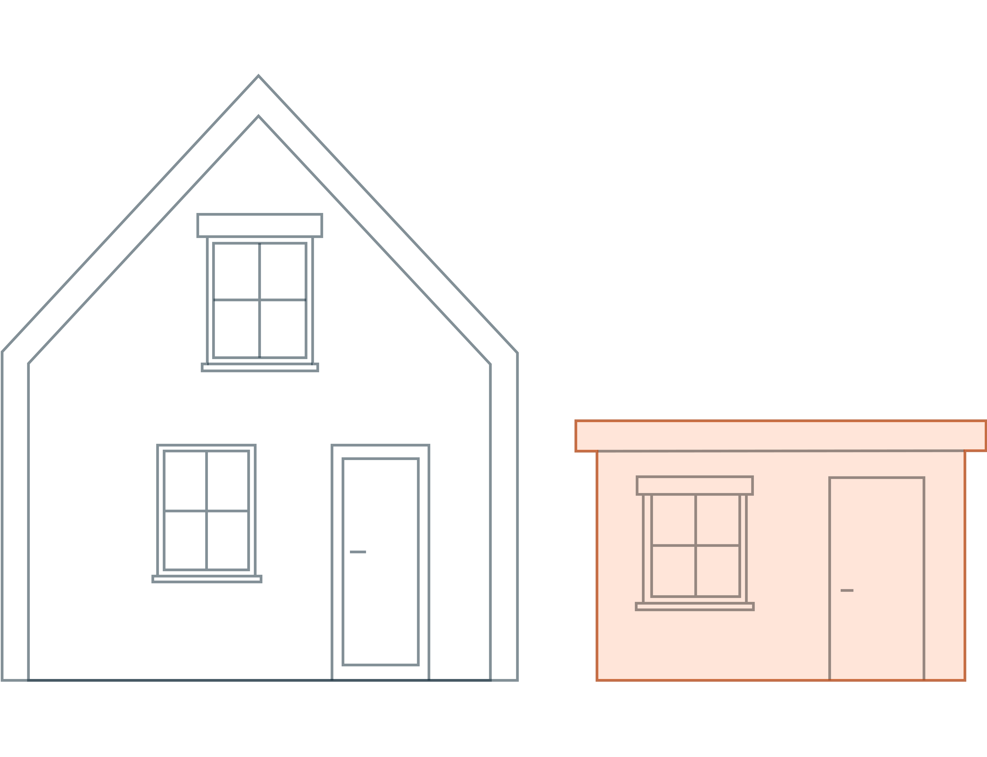 Technische lijntekening van de constructieve opbouw van een woning. De schuur is uitgelicht met een oranje kleur.
