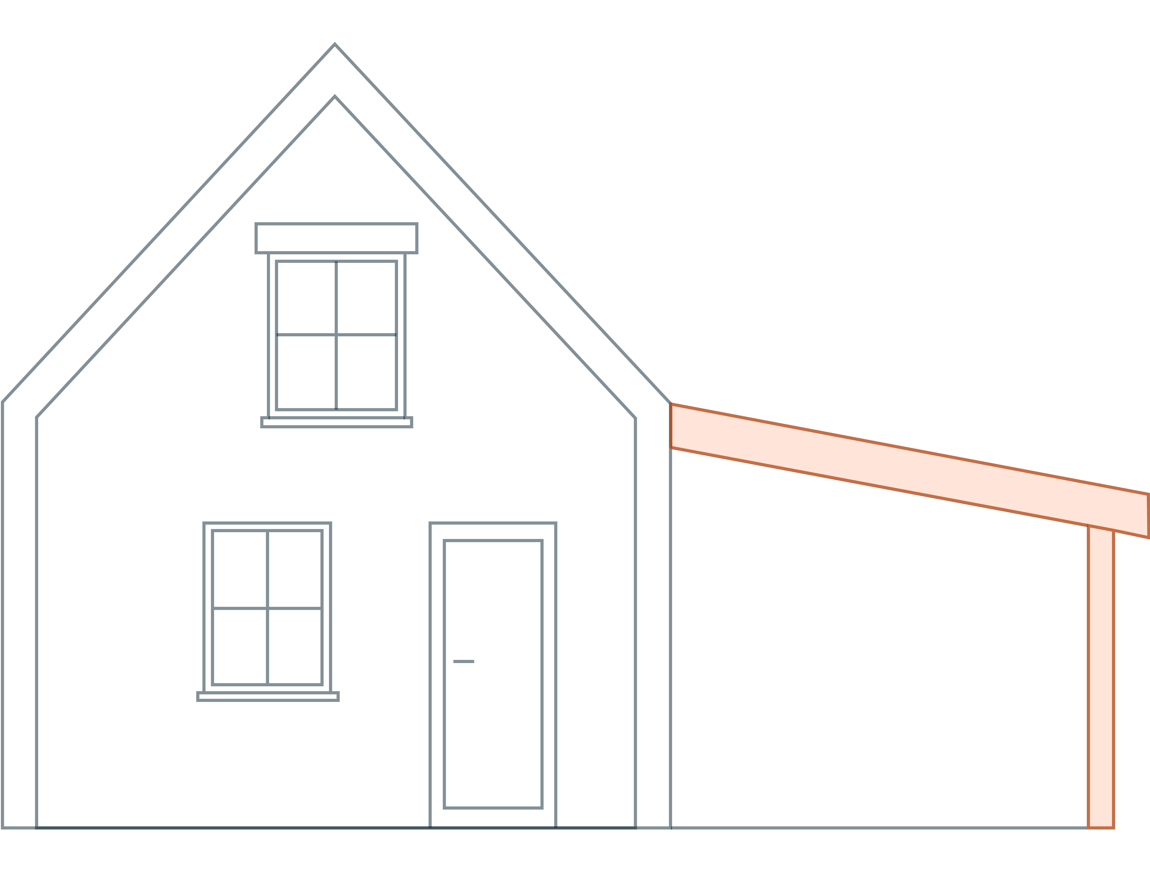 Technische lijntekening van de constructieve opbouw van een woning. De veranda is uitgelicht met een oranje kleur.