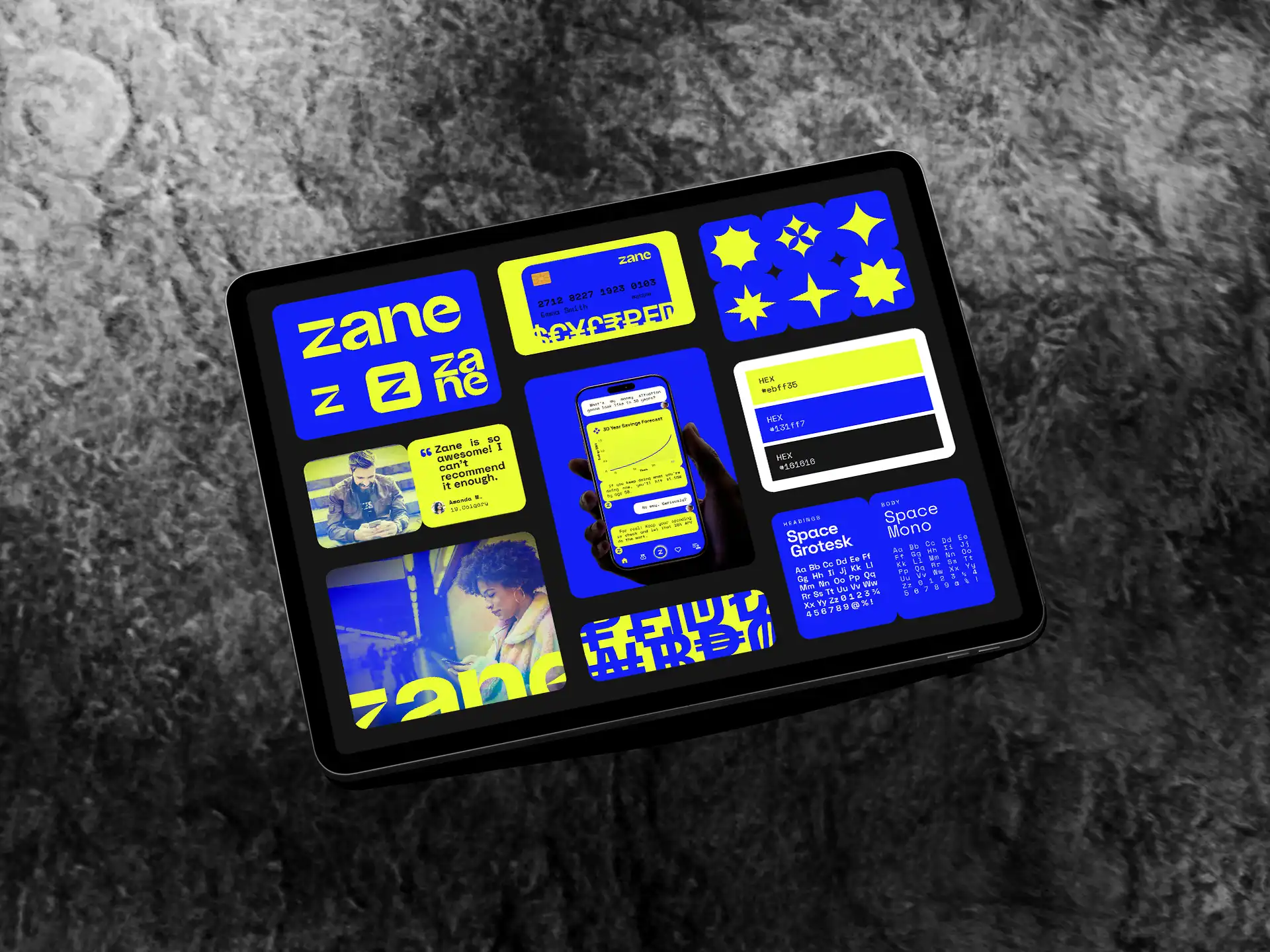 Ipad on table with Zane branding on it.