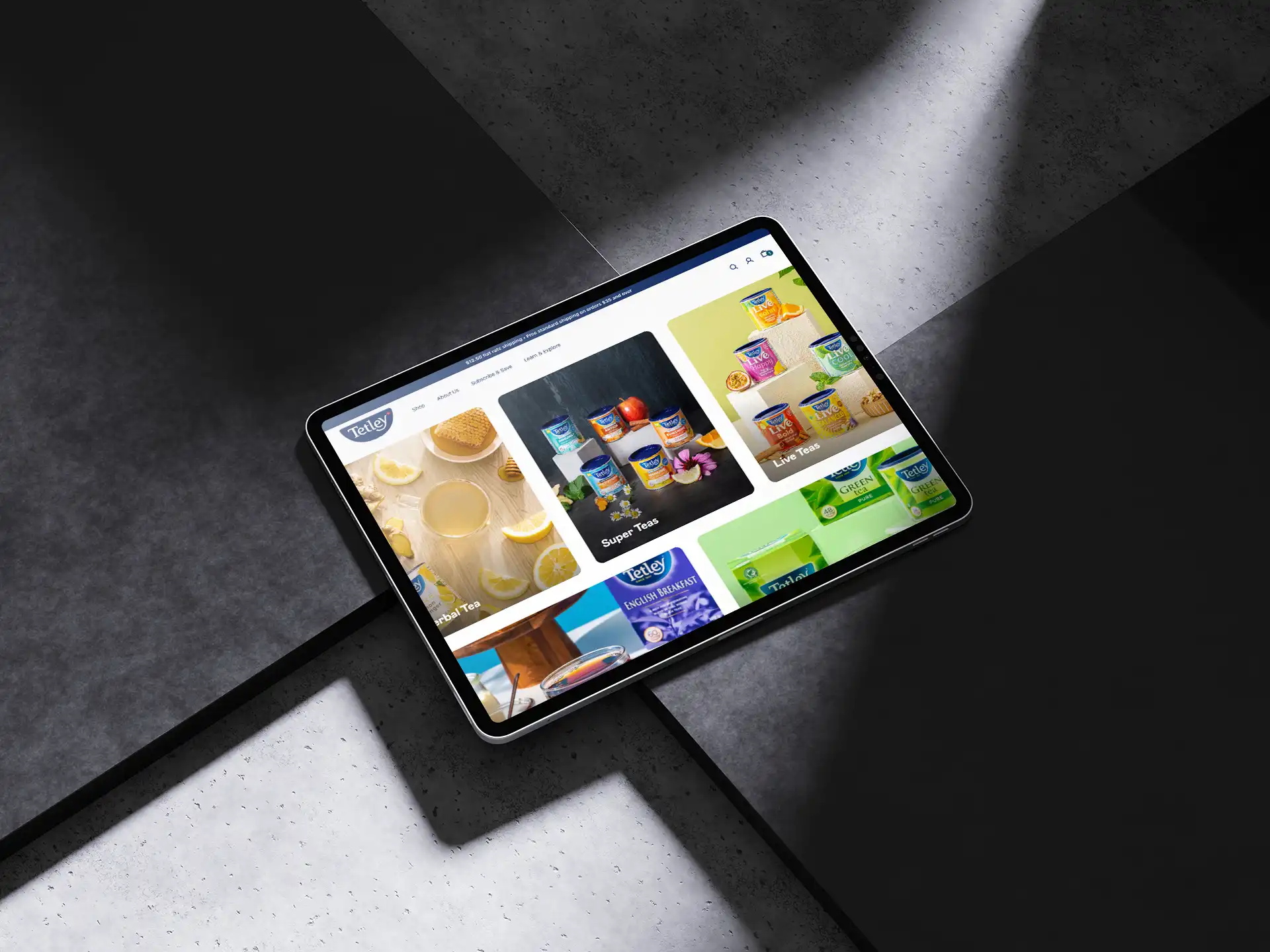 Tetley website displayed on an iPad on top of a table.