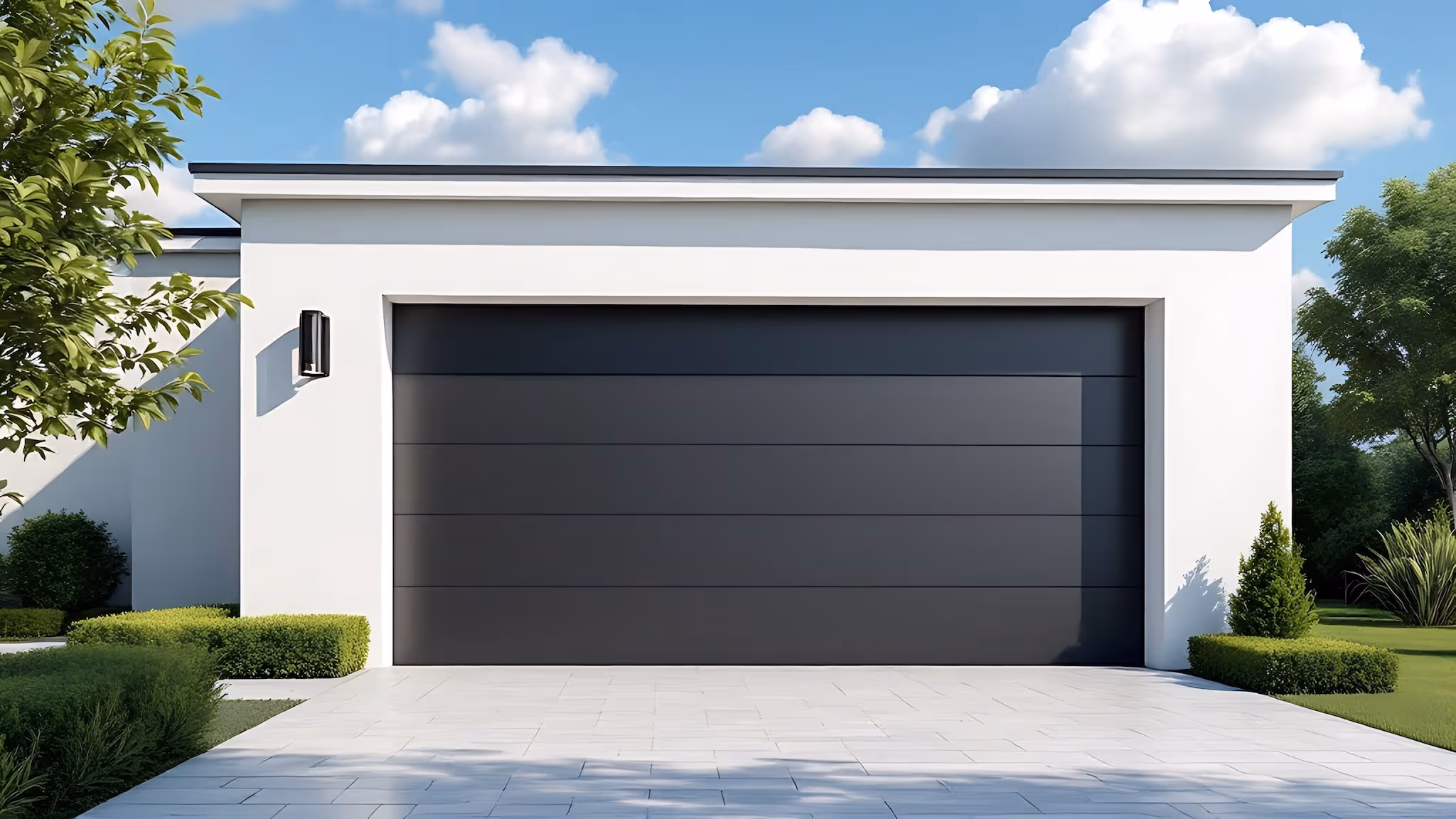 Professional photo of a modern house with a black garage door.