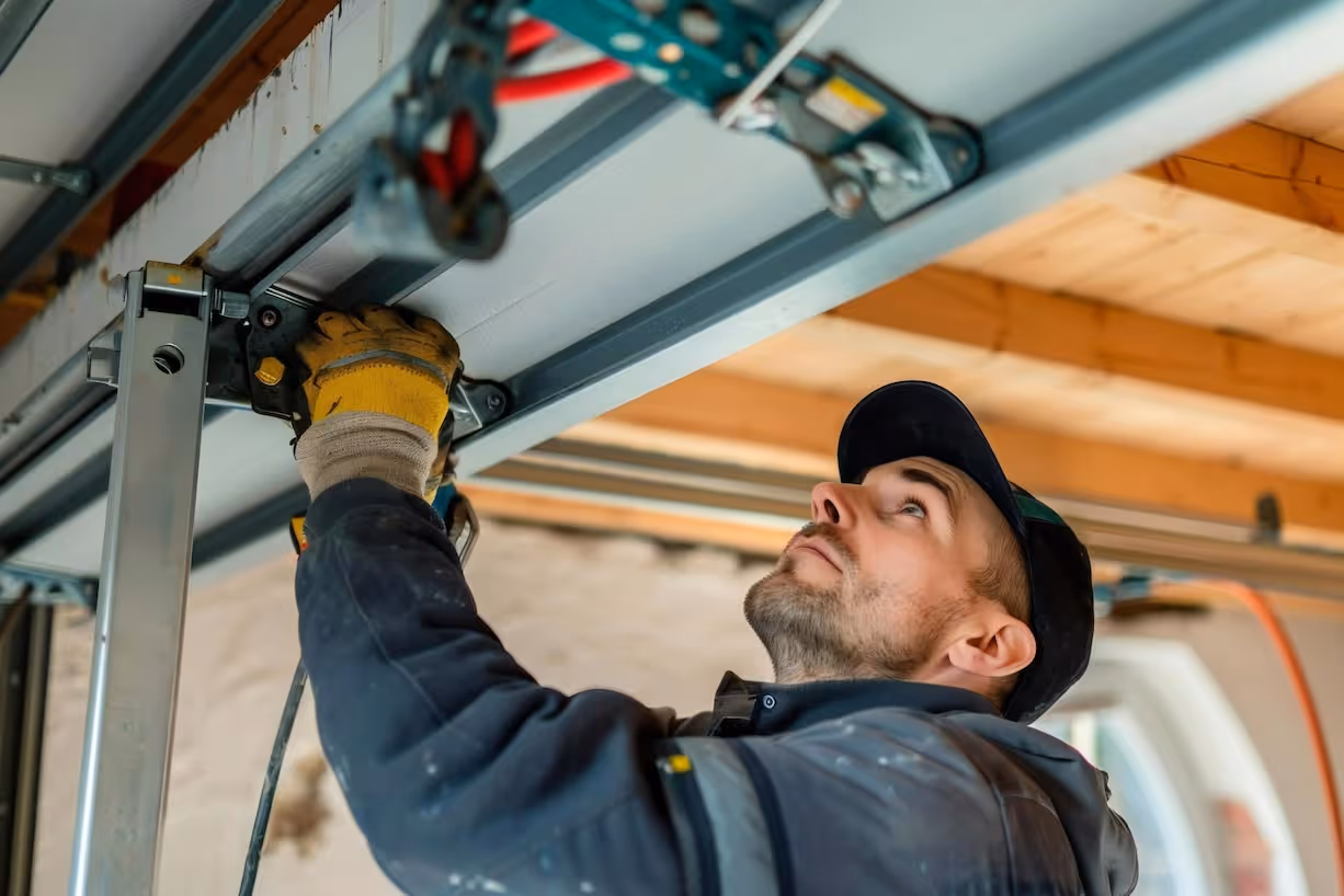 A technician working on a newly installed garage door.