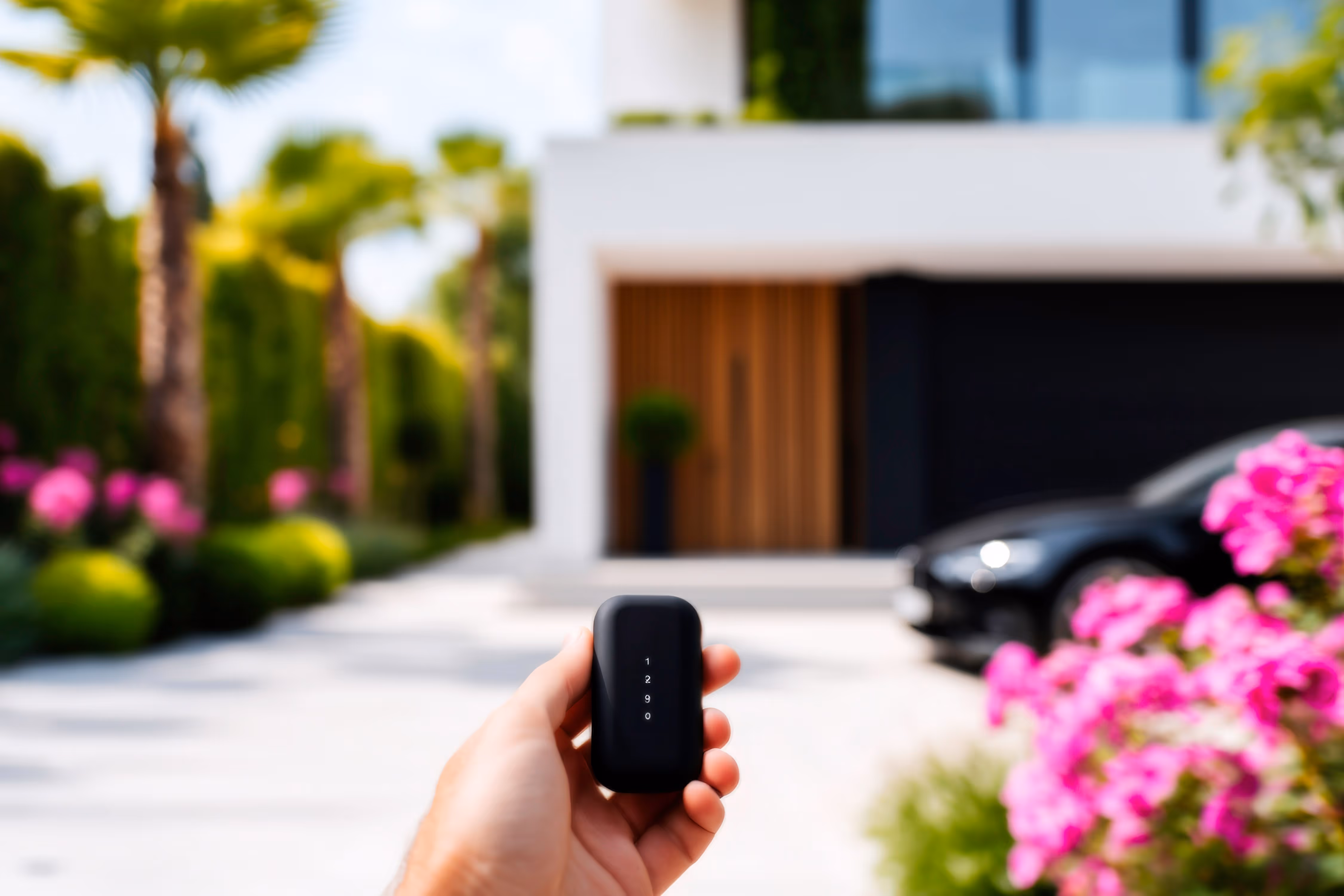 A person holding a garage door opener remote control with the house and garage in the background.