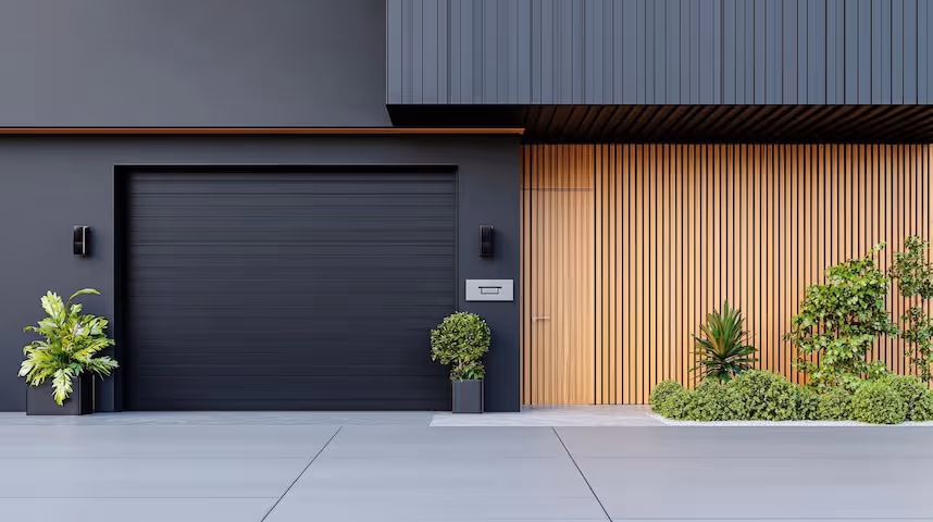 Professional photo of a modern house with a black garage door.