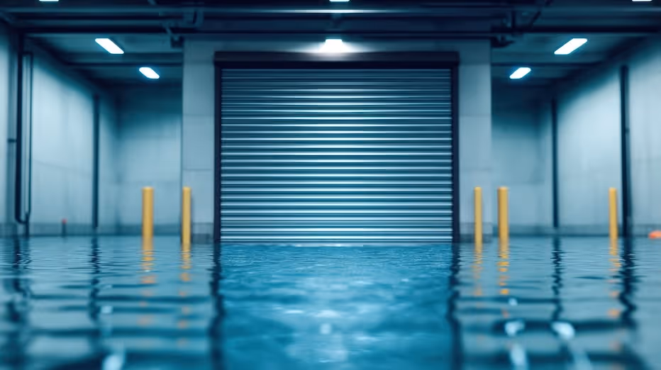 Commercial grade garage door preventing flood water from entering.