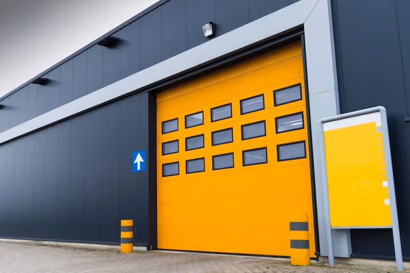 Commercial grade garage door painted in yellow.