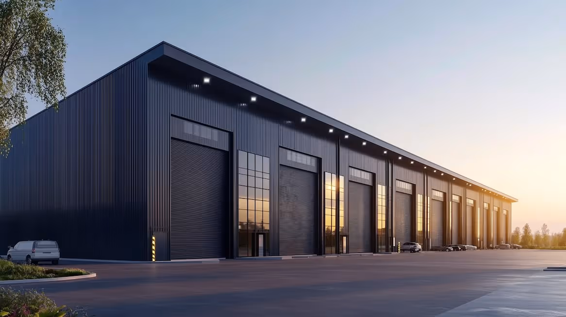 Wide angle shot of a large warehouse with multiple rolling steel garage doors.