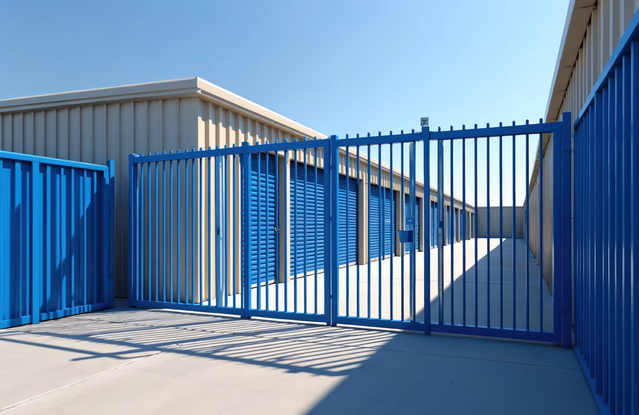 Large commercial gate painted in blue leading to the entrance of a storage facility.