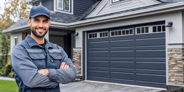 Technician standing in front of a newly installed garage door.
