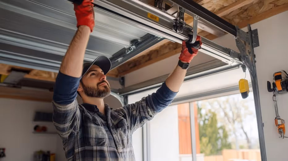 Technician holding up a part to install on a garage door.
