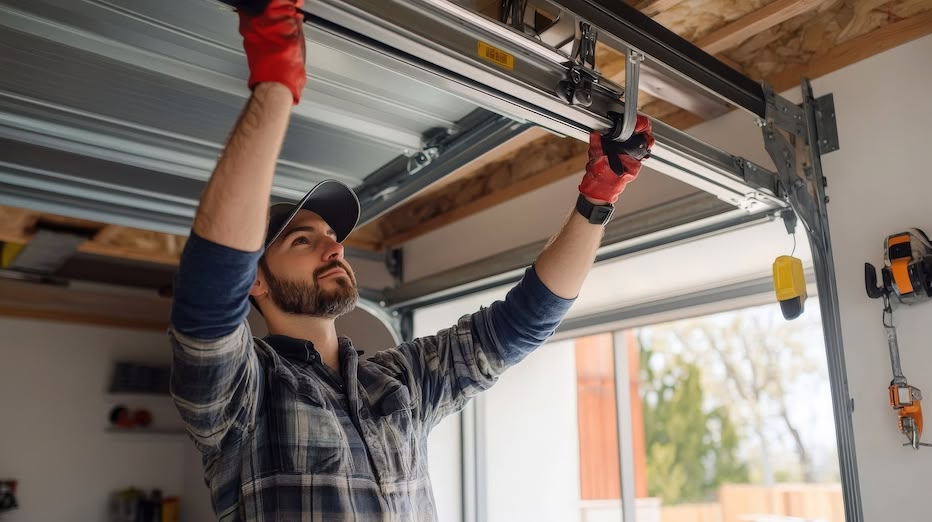 Technician holding up a part to install on a garage door.