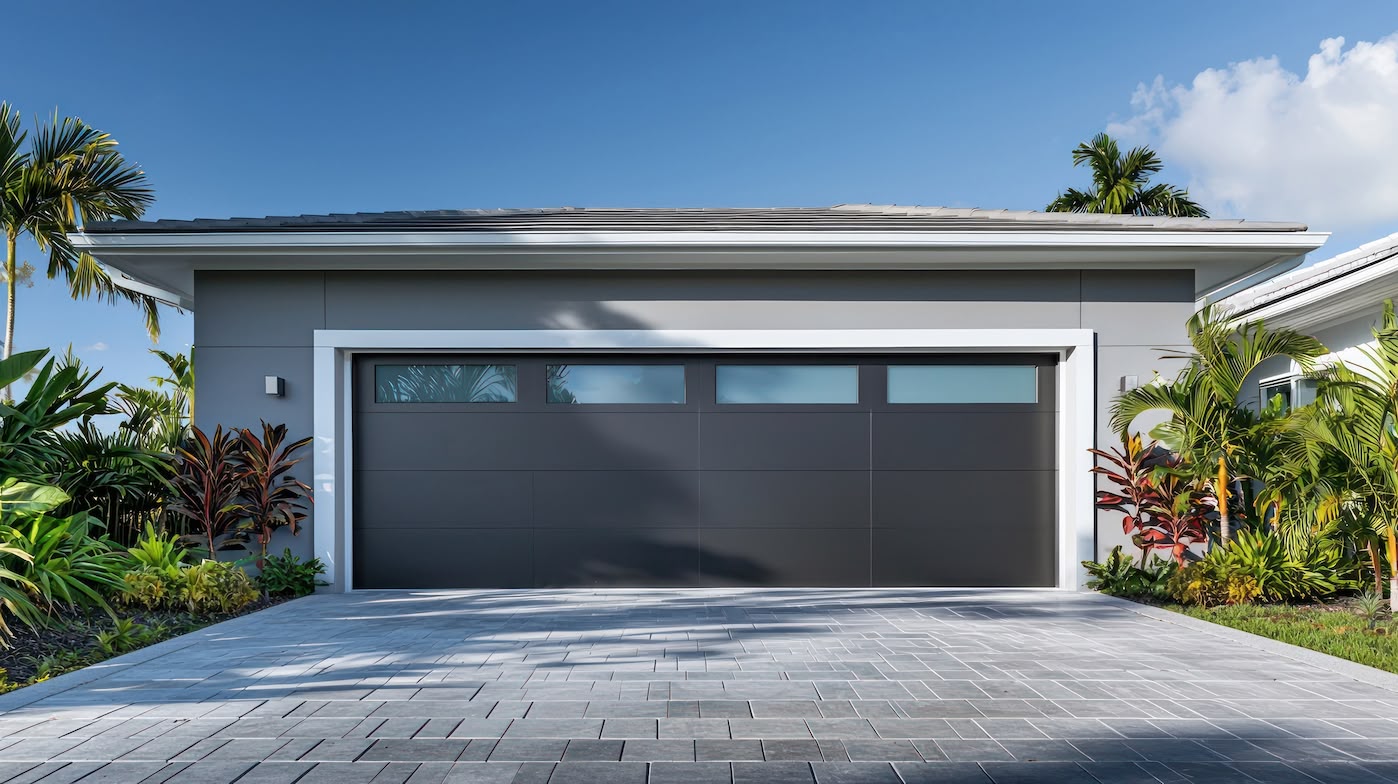 Modern house with a large black garage door with windows.