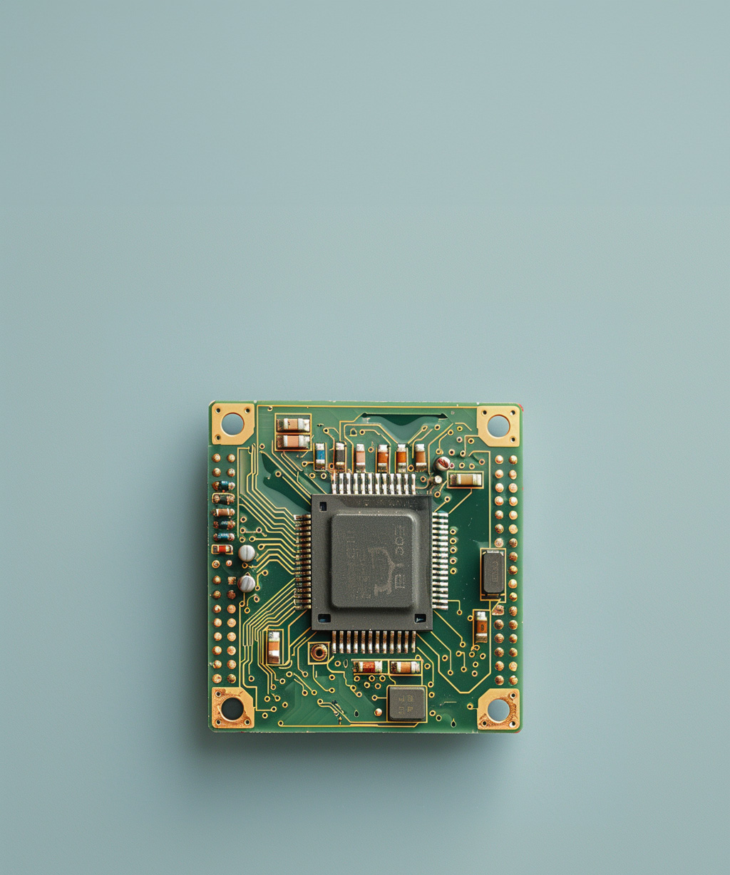 Close-up of a green electronic circuit board with a central black microchip mounted on a light blue background.