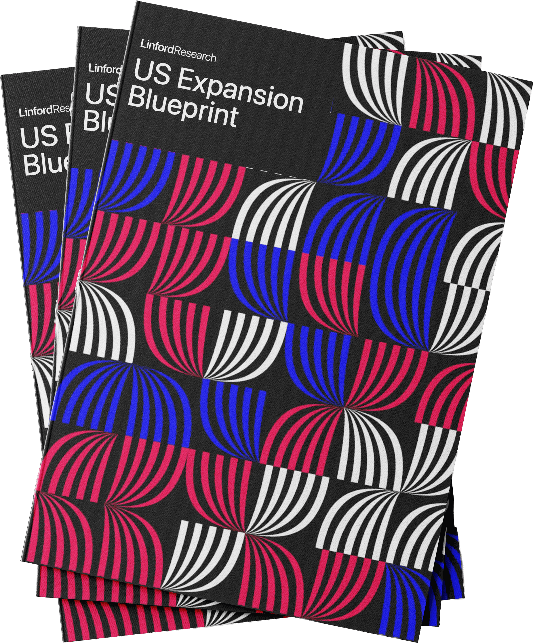 Stack of documents titled 'US Expansion Blueprint' with red, white, and blue geometric patterns on black background.
