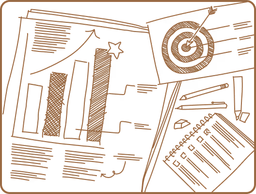 an illustration of a flat lay of a sample client's strategy printout, cue card with a target drawing, notebook, pencil, eraser, pen, and highlighter, scattered on the table.