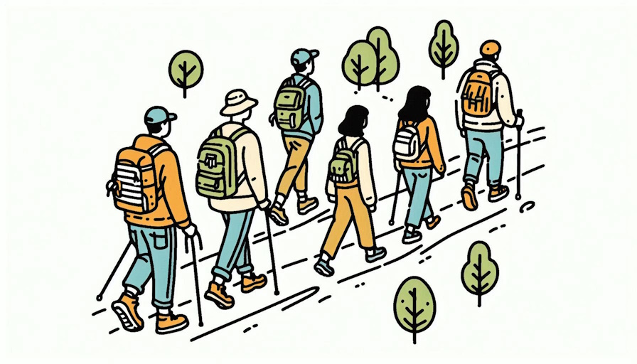 A group of people hiking, representing a scenario on how to make friends.