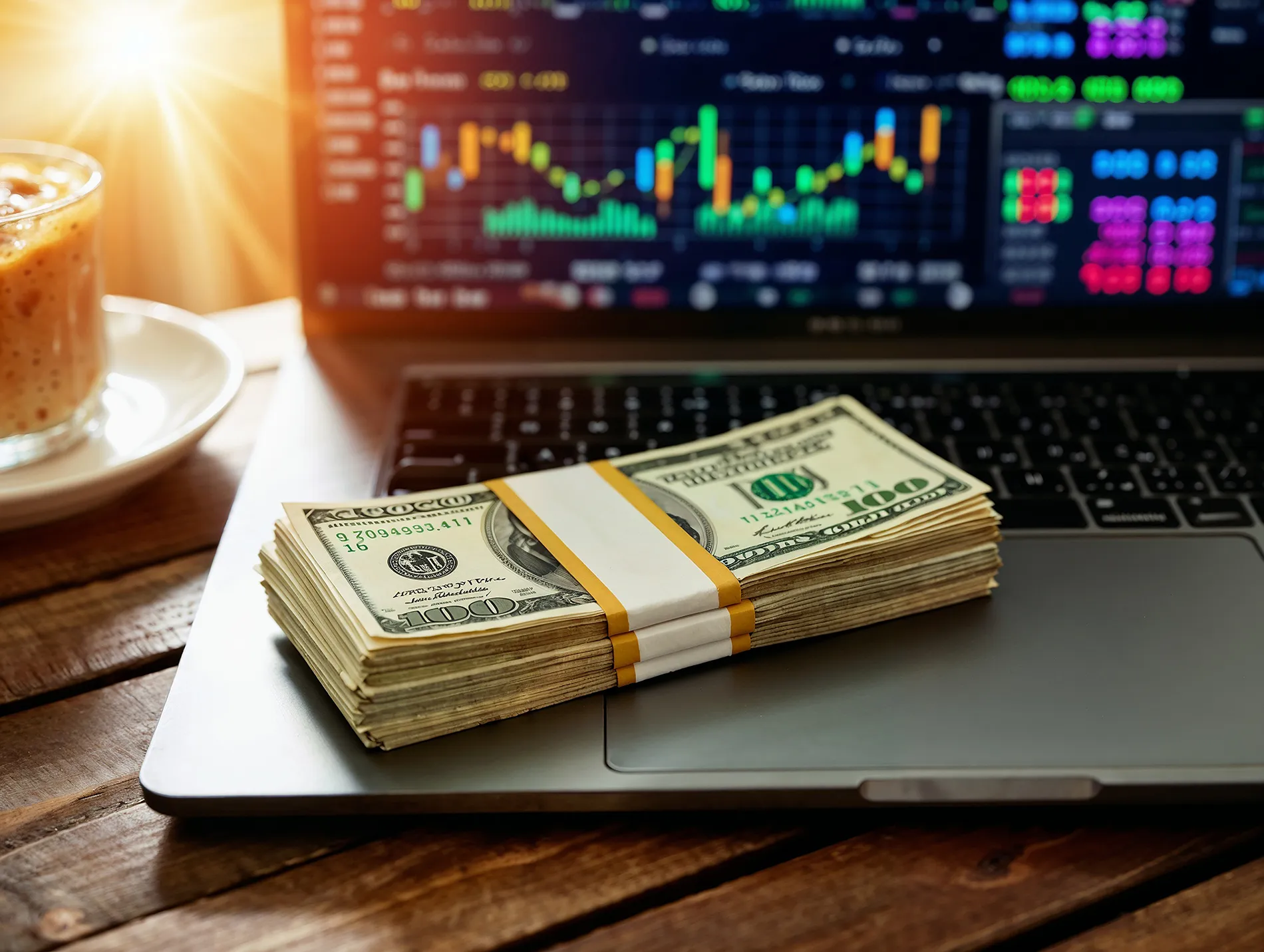 Pile of money on a laptop for an article about whether you have to pay taxes on a side hustle.