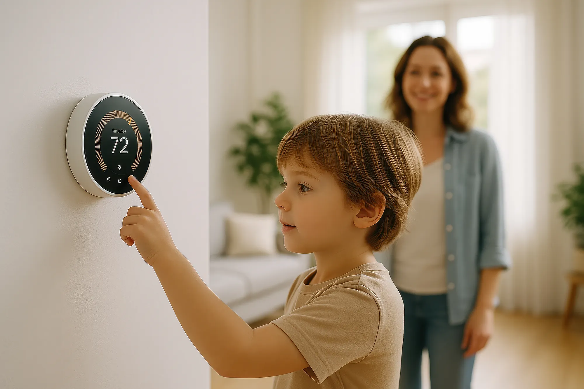 child using a smart thermostat under a woman's supervision. 