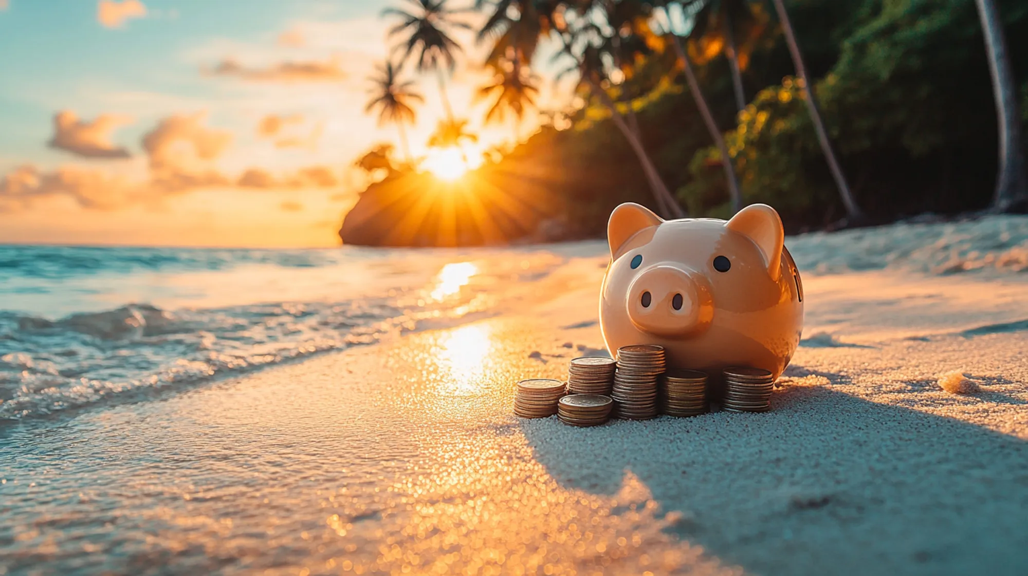 piggy bank and money on a beach