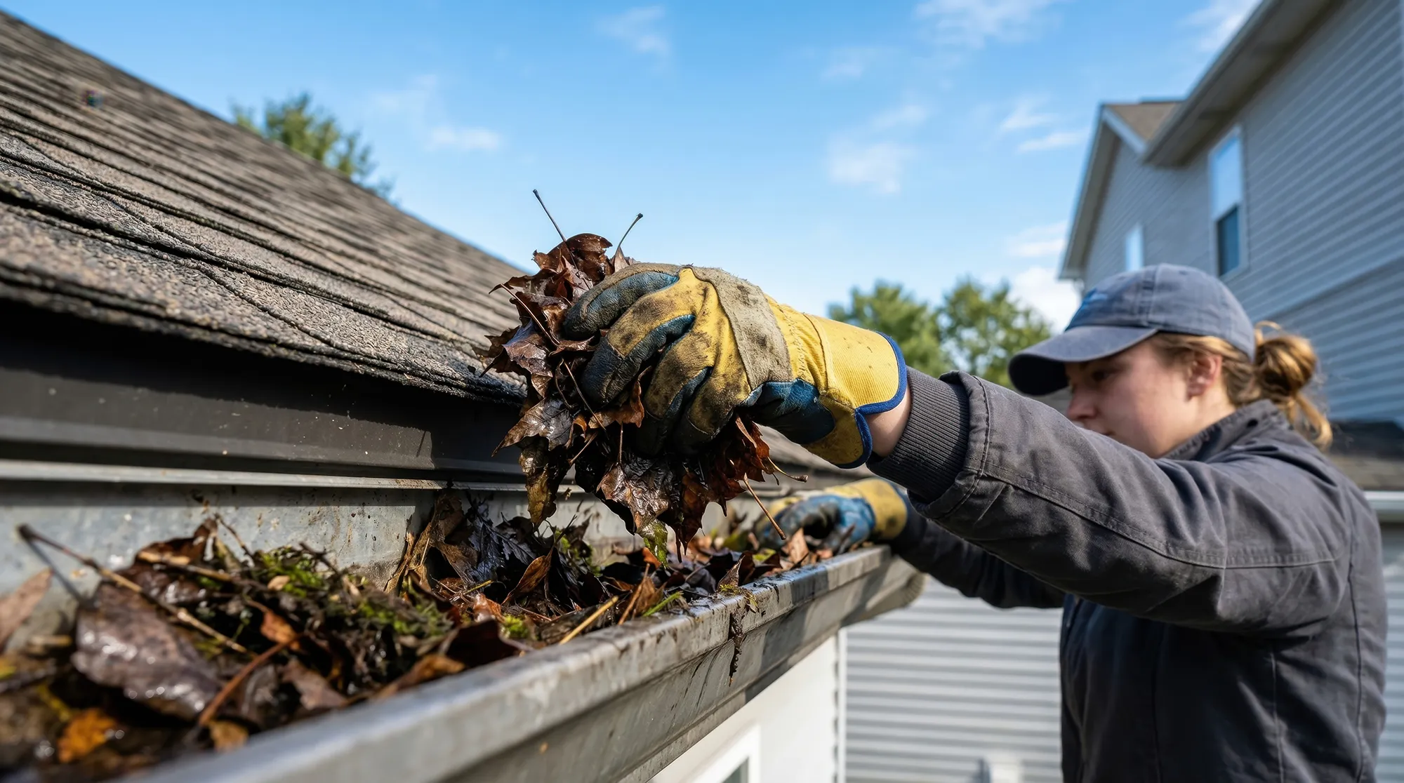 person cleaning gutters on a house
