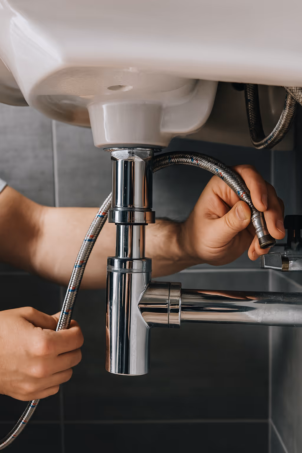 Plummer providing home maintenance service on a bathroom sink.