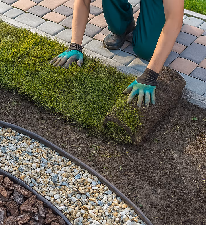 Landscaper laying sod in a residential garden.