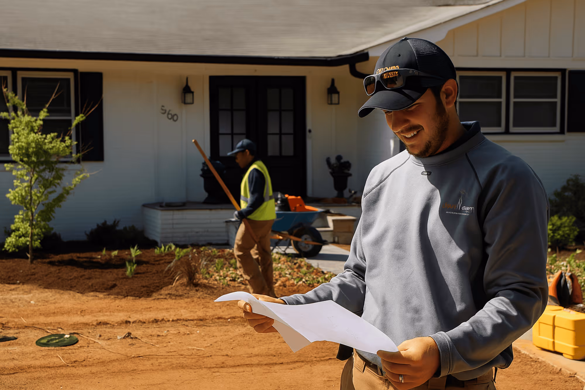 Contractor inspecting construction plans at a residential work site.