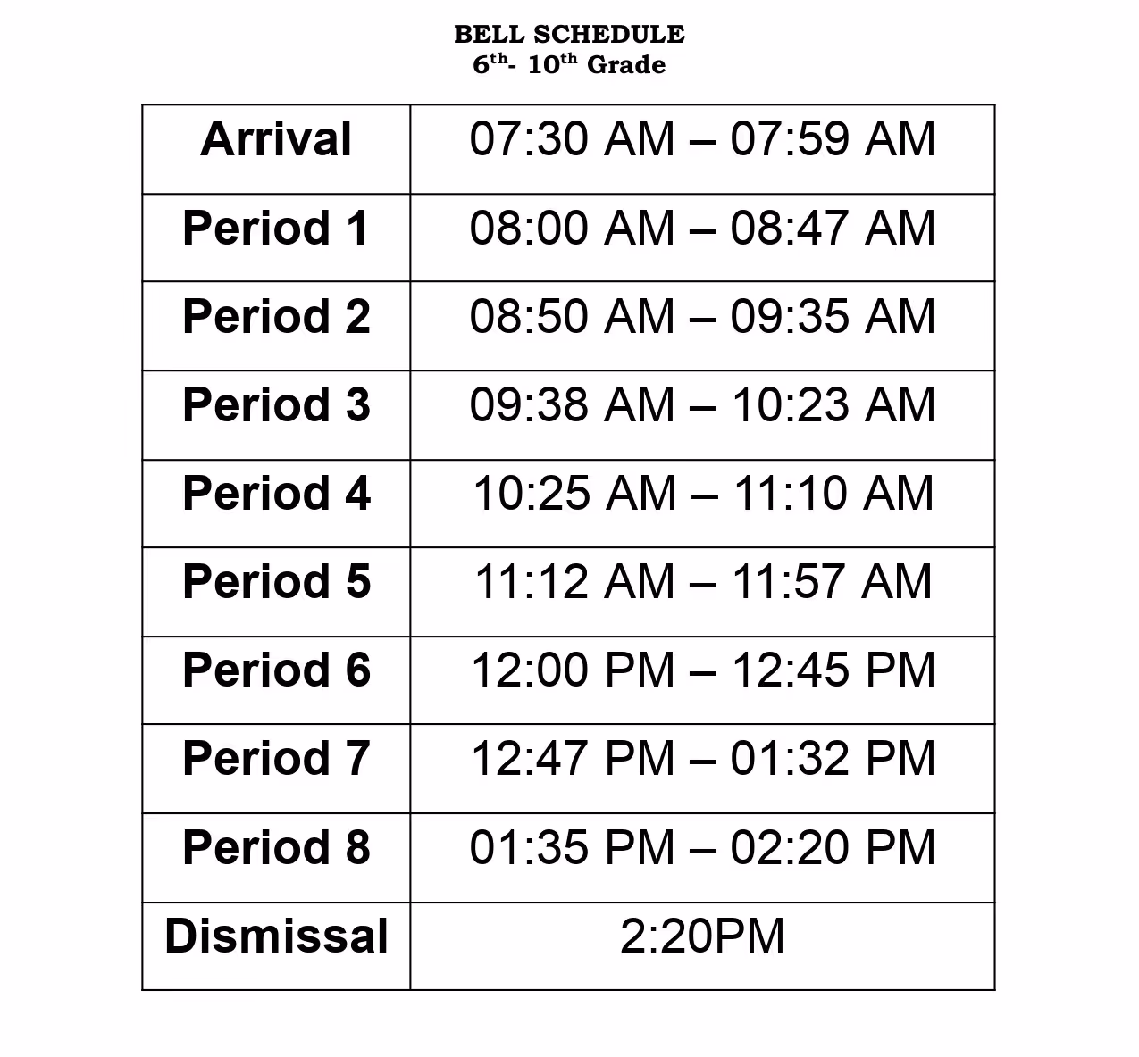 Screenshot of a school bell schedule with arrival, eight periods, and dismissal times.